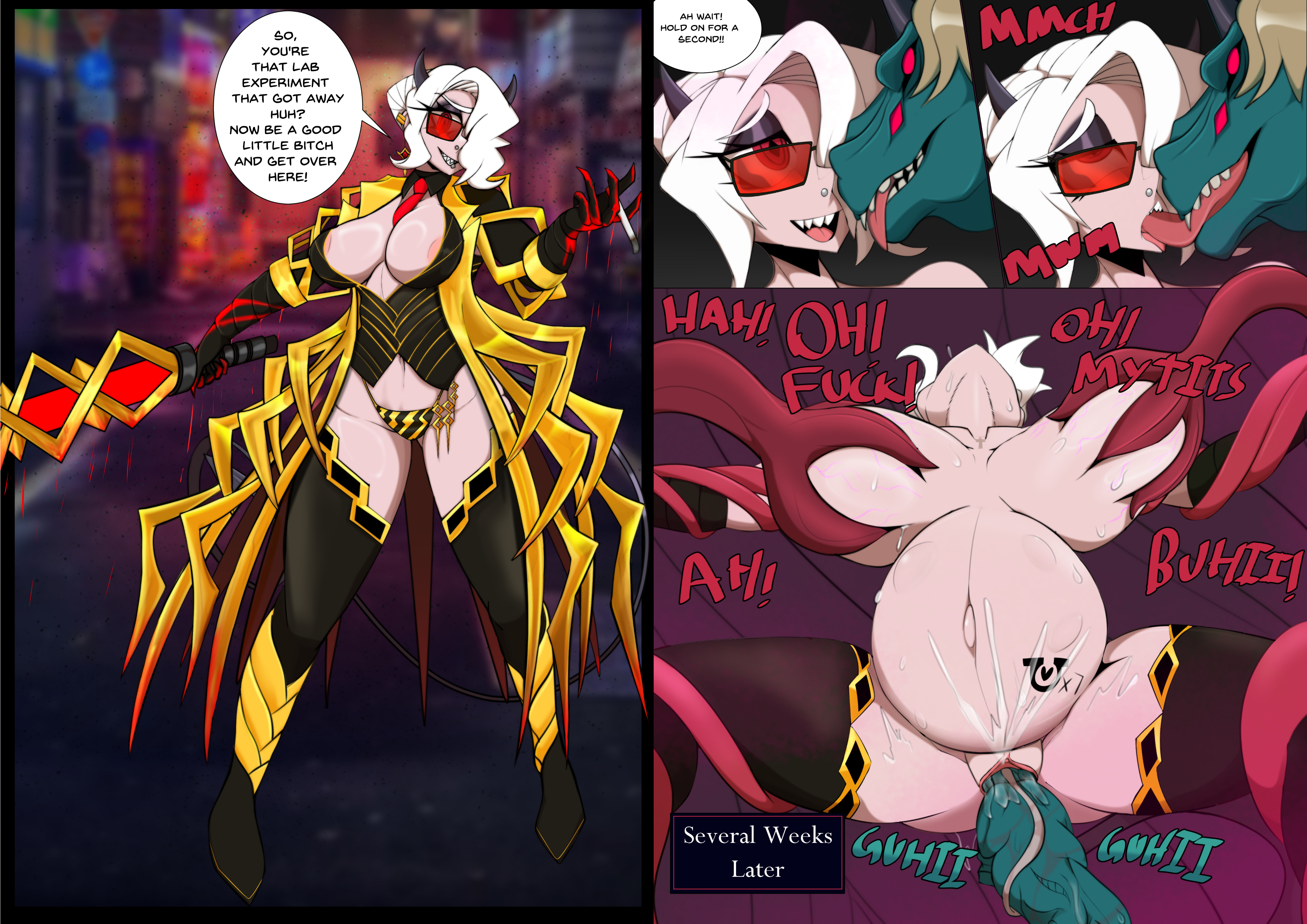 2koma, ahe gao, birth, birth counter, demon, demon girl, demon horns, demon tail, double penis, e.g.o (project moon), giving birth, glasses, helltaker, horse, instant loss 2koma, kissing, nipple penetration, red eyes, sunglasses, tally marks, tentacle, theeyeofmonitor, white hair, zdrada (helltaker)