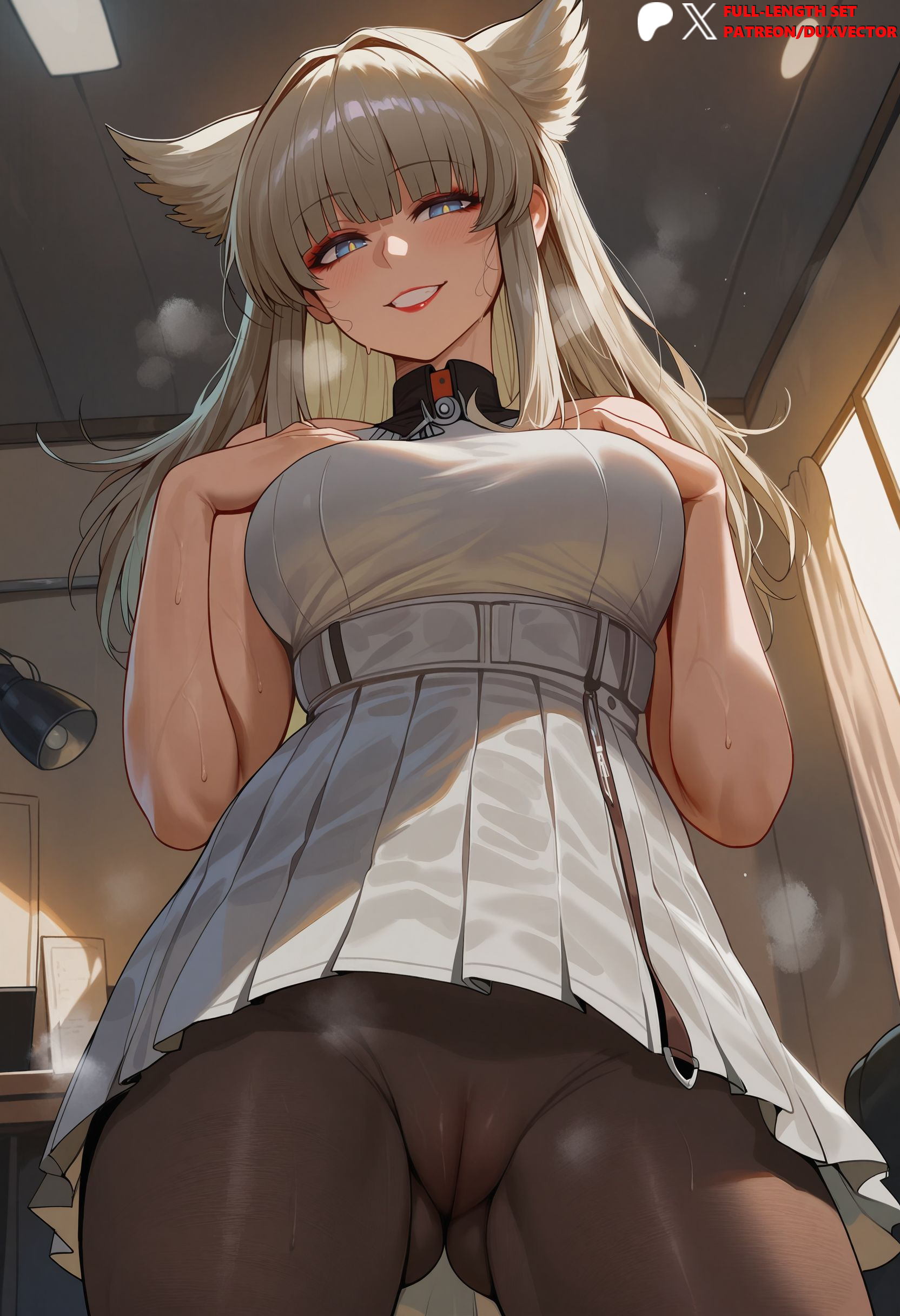 ai generated, animal ears, arknights, arknights: endfield, ass visible through thighs, bangs, bare shoulders, black pantyhose, blonde hair, blue eyes, blunt bangs, blush, breasts, brown pantyhose, cameltoe, clothing, cowboy shot, crotch, crotch seam, dress, duxvector, extra ears, eyeliner, female, from below, grin, hands on own chest, indoors, large breasts, long hair, looking at viewer, looking down, makeup, no panties, pantyhose, parted lips, patreon username, perlica (arknights: endfield), pleated dress, pussy, see-through, sidelocks, skirt, sleeveless, sleeveless dress, smile, solo, standing, steam, steaming body, sweat, teeth, thighs, upskirt, white dress, window
