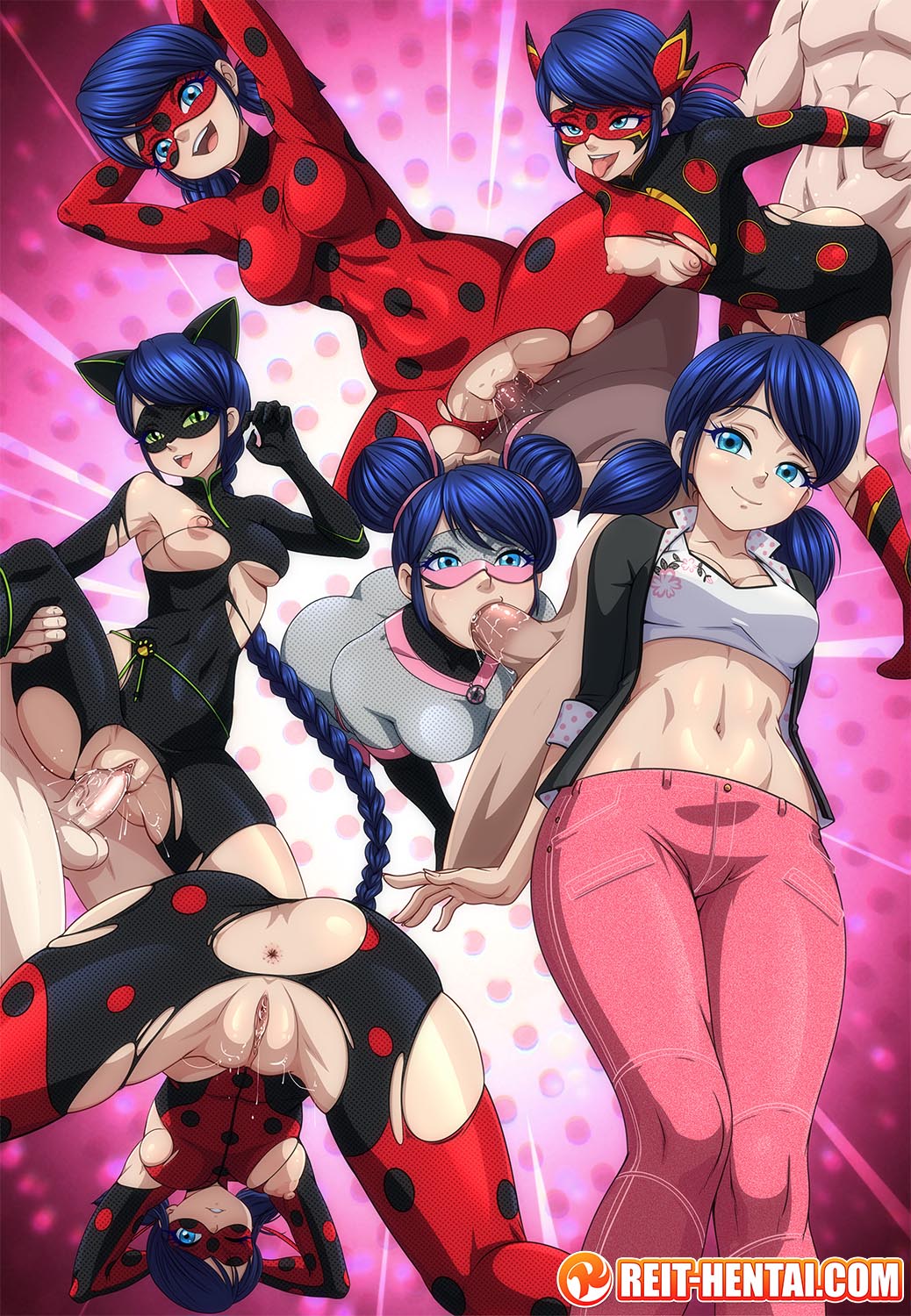 1girls, 2d, anus, big breasts, blowjob, blue eyes, blue hair, braided ponytail, breasts, cat ears, clothed, clothed female, color, female, female focus, full color, ladybug (character), ladynoir (character), looking at viewer, male, marinette dupain-cheng, mask, masked, masked female, miraculous ladybug, miraculous: tales of ladybug and cat noir, multimouse (character), multiple poses, nipples, oral, oral sex, partial male, penis, pigtails, prison guard position, pussy, reit, ripped clothing, sex, showing ass, showing off, straight, straight sex, superheroine, tagme, tight clothing, torn clothes, vagina, vaginal penetration, vaginal sex, watermark