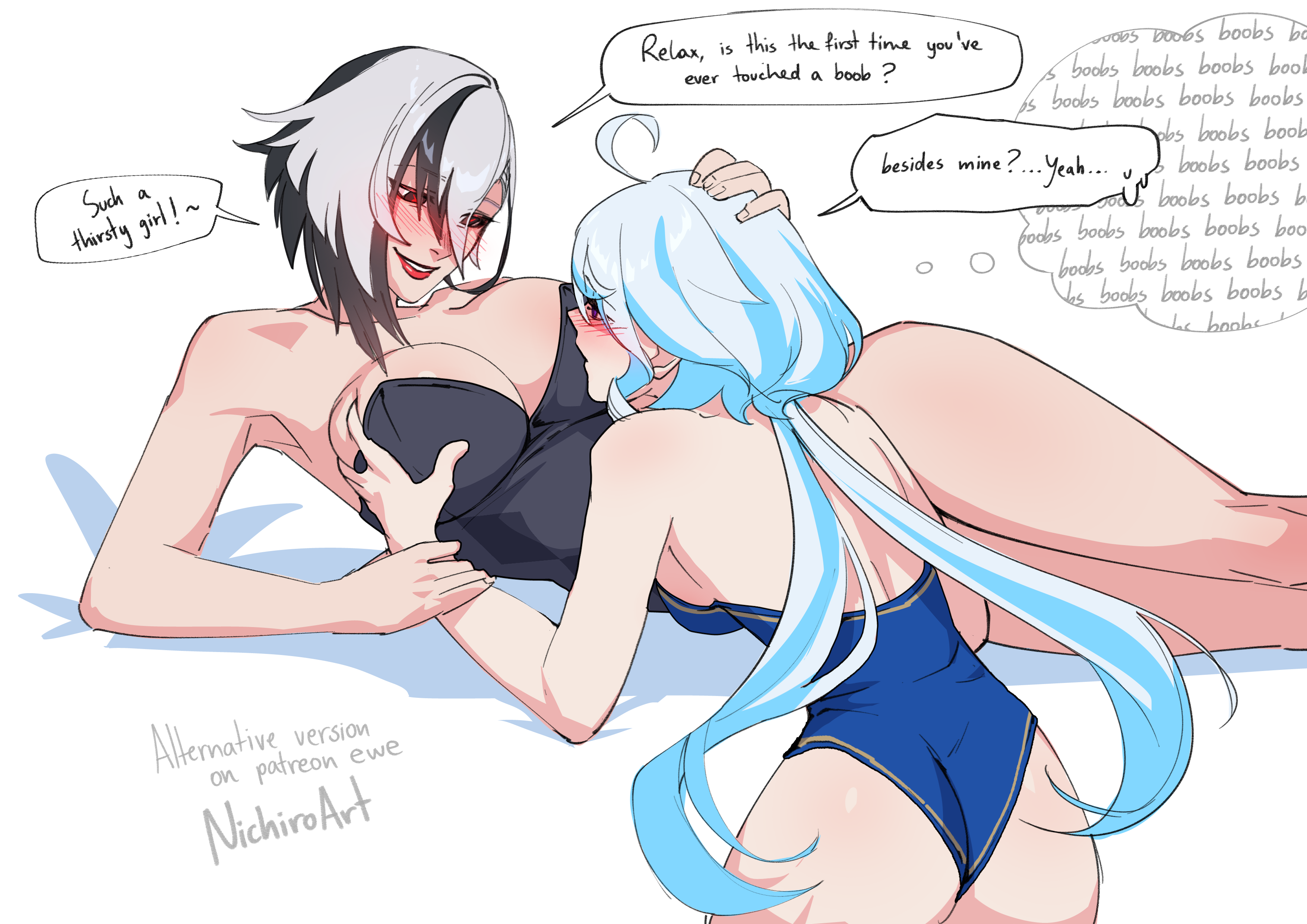 arlecchino (genshin impact), furina (genshin impact), lesbian focus, nichiro, nichiroart, yuri