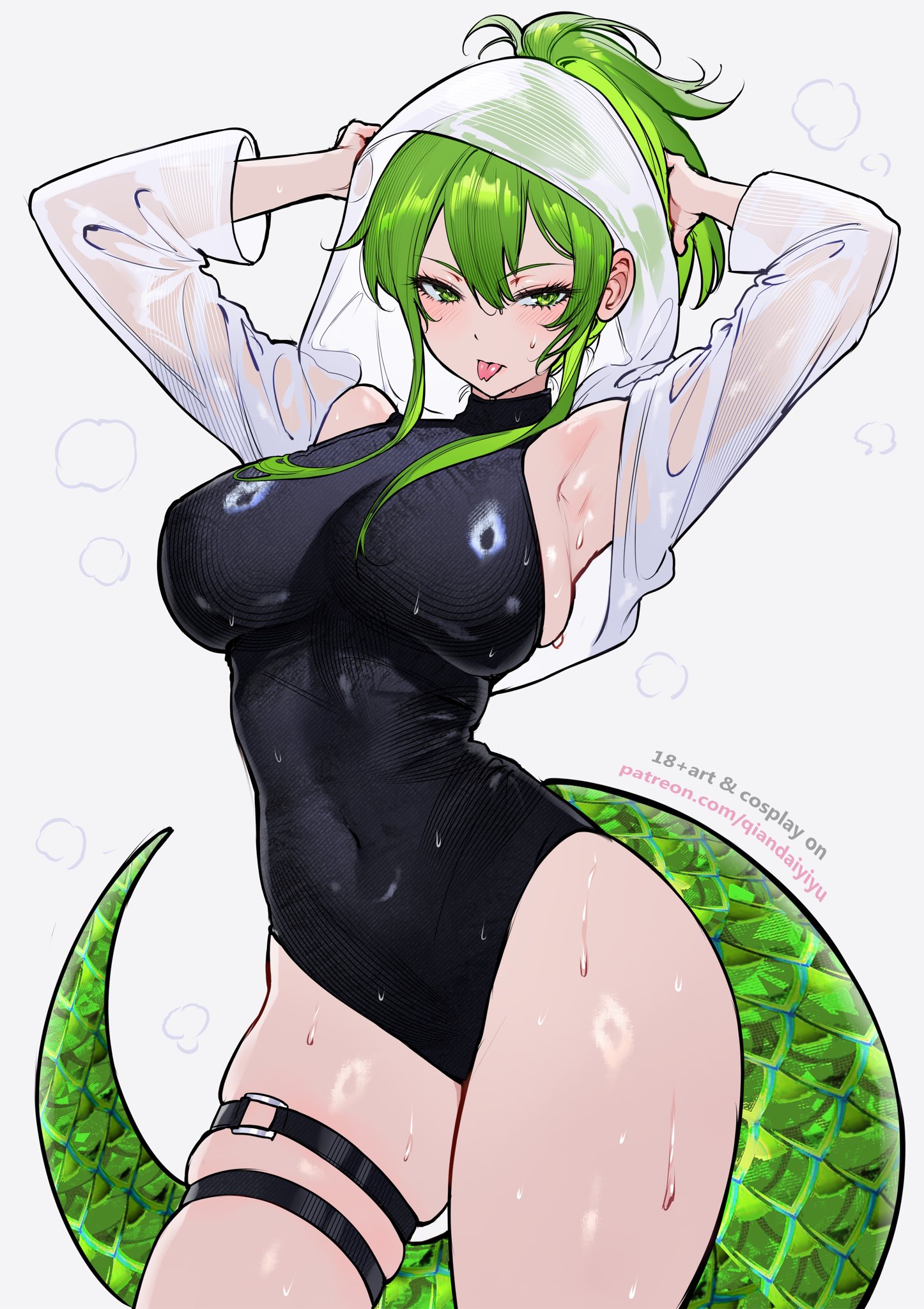 alternate costume, arknights, arknights: endfield, armpits, arms up, black leotard, breasts, female, female only, fluorite (arknights: endfield), green eyes, green hair, hair through hood, highres, hood, hooded shrug, large breasts, leotard, lizard tail, looking at viewer, qiandaiyiyu, reptile girl, shrug (clothing), solo, solo female, tail, tongue, tongue out, wet, wet clothes, white background, white shrug