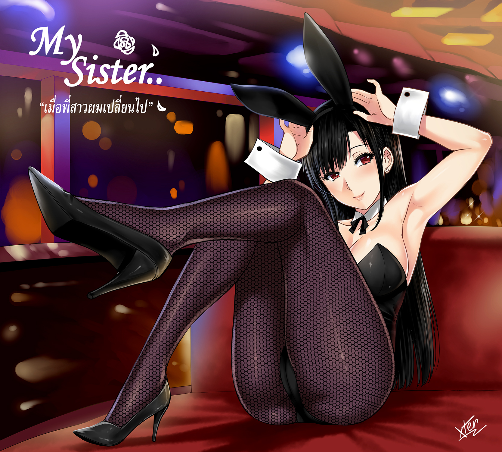 1girls, armpit, big breasts, black hair, breasts, bunny ears, bunny girl, bunnysuit, cameltoe, cleavage, female, female only, high heels, large breasts, my sister, nate (xter), pussy, red eyes, solo, stocking, stockings, thai female, xtermination