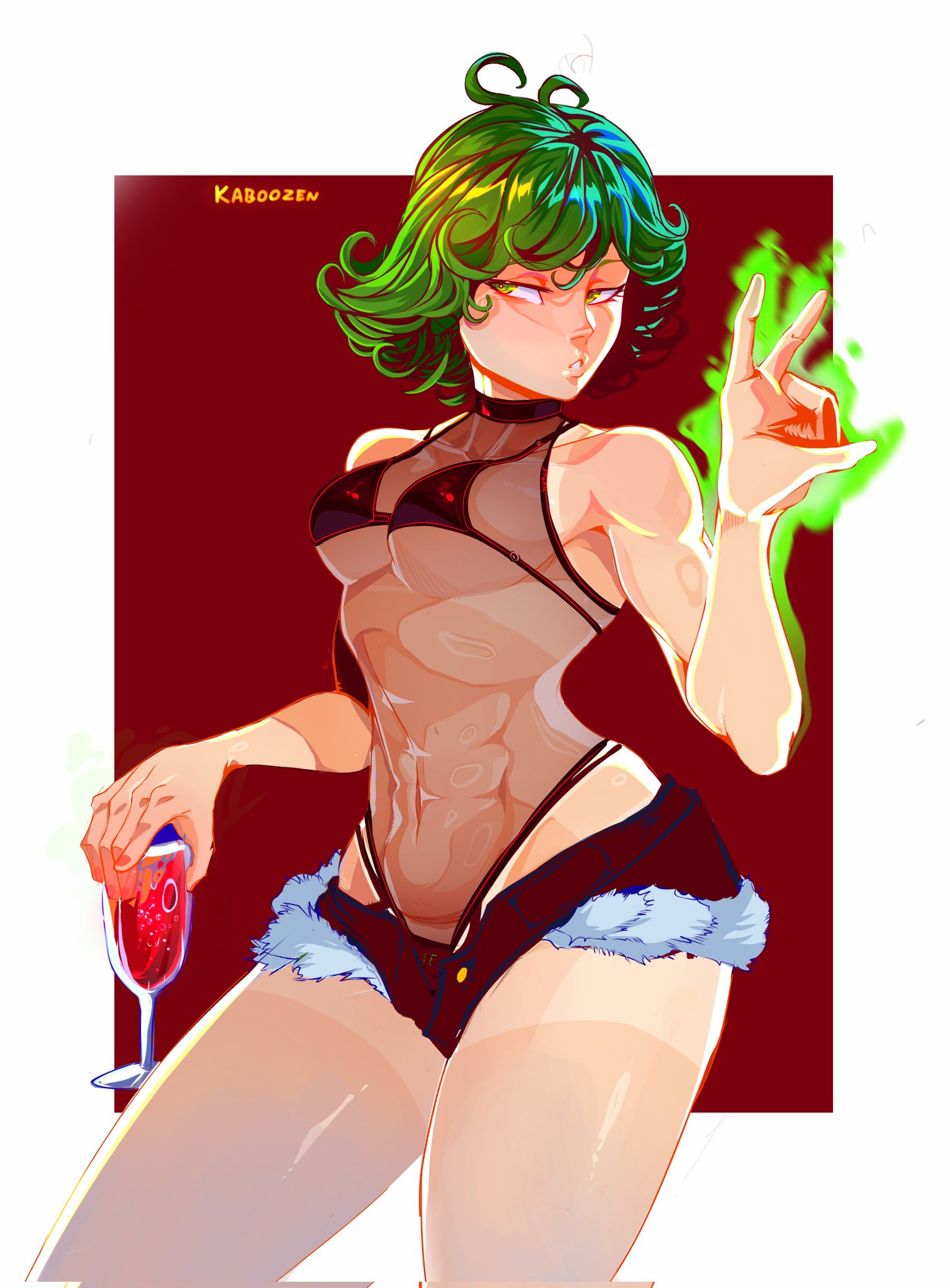 1girls, abs, alternate version available, aura, bare shoulders, big breasts, bikini, bikini bottom, bikini top, breasts, busty, curly hair, curvaceous, curvy, curvy female, curvy figure, denim, denim shorts, female, female focus, female only, green eyes, green hair, hi res, high resolution, highres, j.c. staff, jean shorts, kabozen, large breasts, light skin, light-skinned female, medium breasts, medium hair, one-punch man, shorts, skindentation, solo, solo female, solo focus, tagme, tanline, tanlines, tatsumaki, thick thighs, thighs, thong, thong straps, toned, toned arms, toned body, toned female, voluptuous, voluptuous female, wine, wine glass