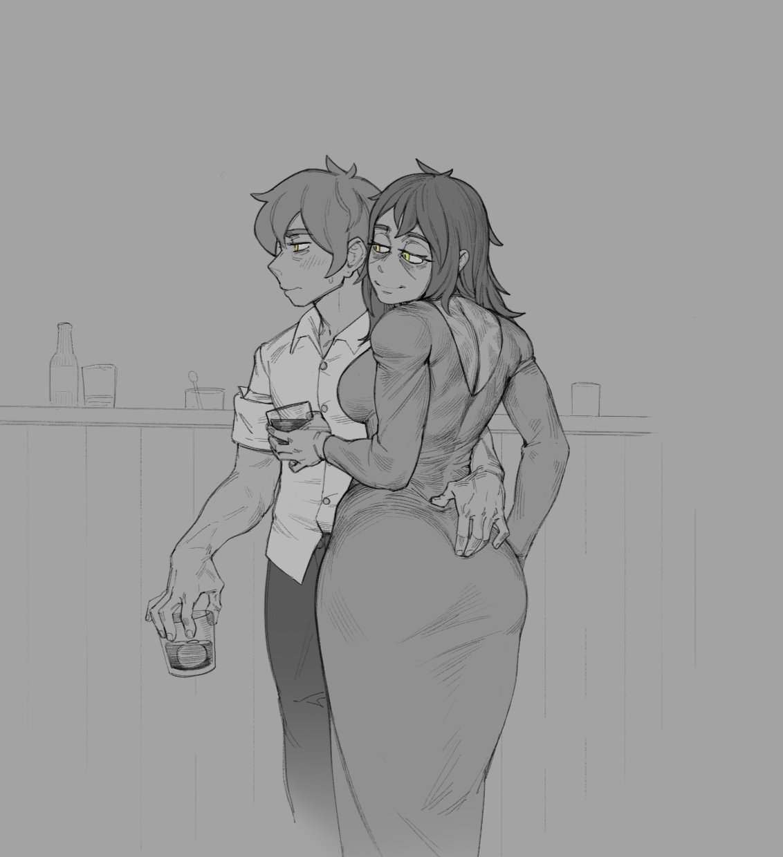 1boy, alternate version available, andrew graves, ass, clothed, clothing, dress, eddrawsstuff, female, green eyes, incest, incest (lore), incestuous, large ass, long hair, male, mature, mature female, mature woman, milf, monochrome, mother, mother (lore), mother and child, mother and child (lore), mother and son, parent, parent and child, renee graves, son, textless version, the coffin of andrew and renee, the coffin of andy and leyley