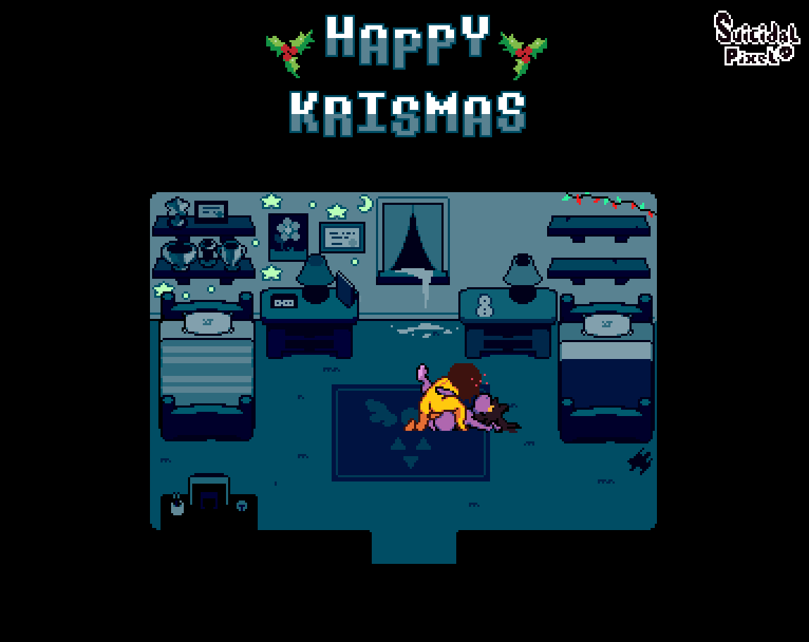 animated, anthro, bedroom, christmas, cum on floor, deltarune, edit, furry with non-furry, human, human on anthro, kris (deltarune), male/female, pixel animation, pixel art, sex, sex on floor, suicidalpixel, susie (deltarune)