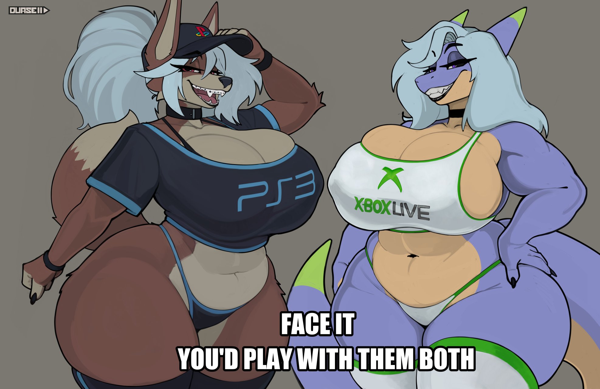 2girls, bare shoulders, blue scales, breasts, brown fur, choker, claws, cleavage, dragon, dragon girl, duase, female, female only, fox, fox ears, fox girl, furry, furry female, furry only, gamer girl, horns, it's a meme, batman, large breasts, light blue hair, long hair, long tail, meme, navel, panties, playstation, ponytail, sharp teeth, sideboob, tail, take your pick, thick thighs, thighhighs, thong, wide hips, xbox game studios