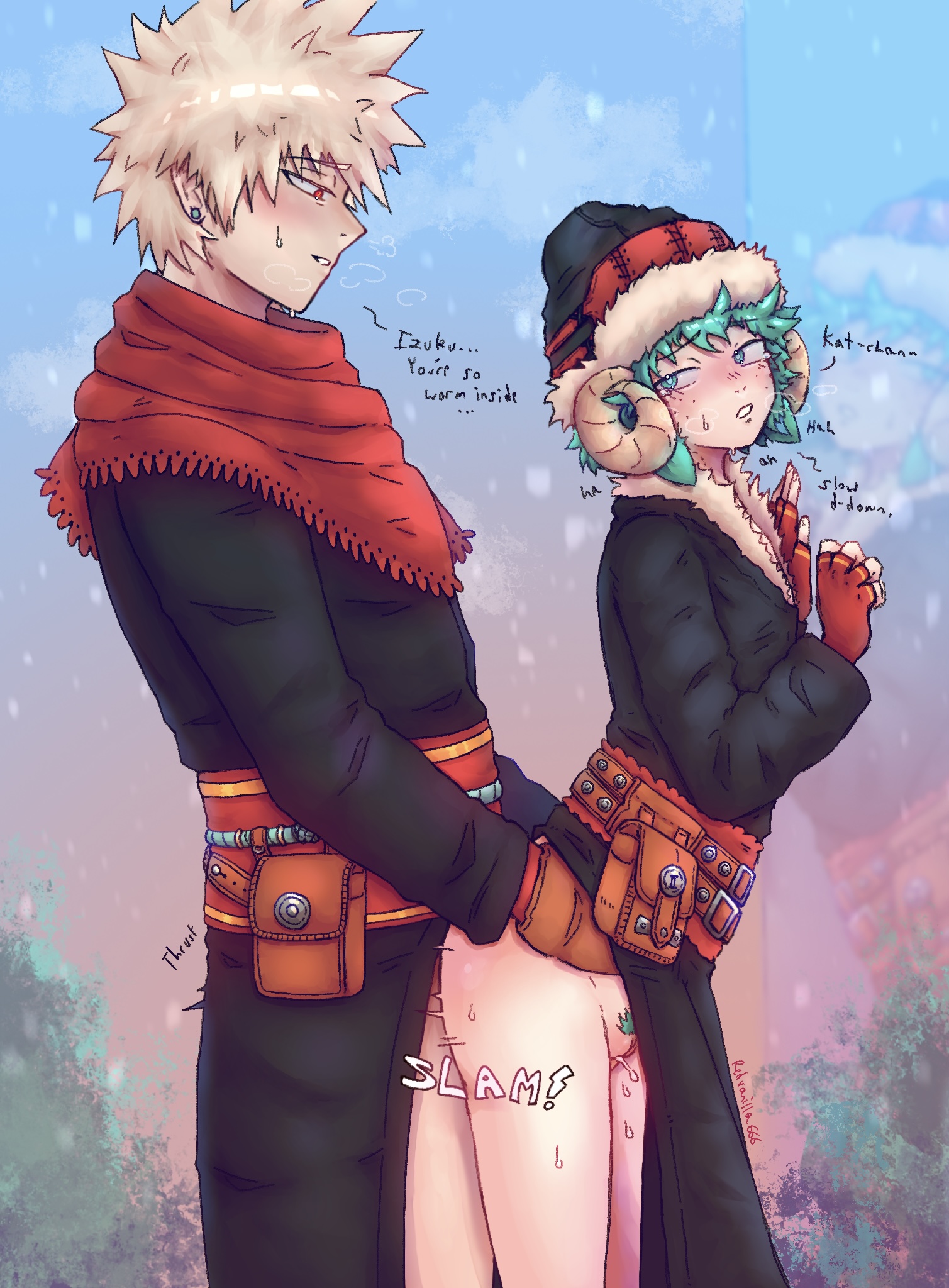 2026, 2boys, anal, anal sex, bakugou katsuki, blonde hair, boku no hero academia, coat, crying, crying with eyes open, cuntboy, cuntboy/male, deku, dialogue, dominant, dominant male, english text, freckles, freckles on face, from behind, gay, gay anal, gay sex, gloves, hat, horns, izuku midoriya, katsuki bakugou, looking at partner, male, male only, male penetrated, male penetrating, male/male, messy hair, midoriya izuku, mostly clothed, my hero academia, red eyes, redvanilla666, scarf, side view, spiky hair, submissive, submissive male, sweat, tears, yaoi