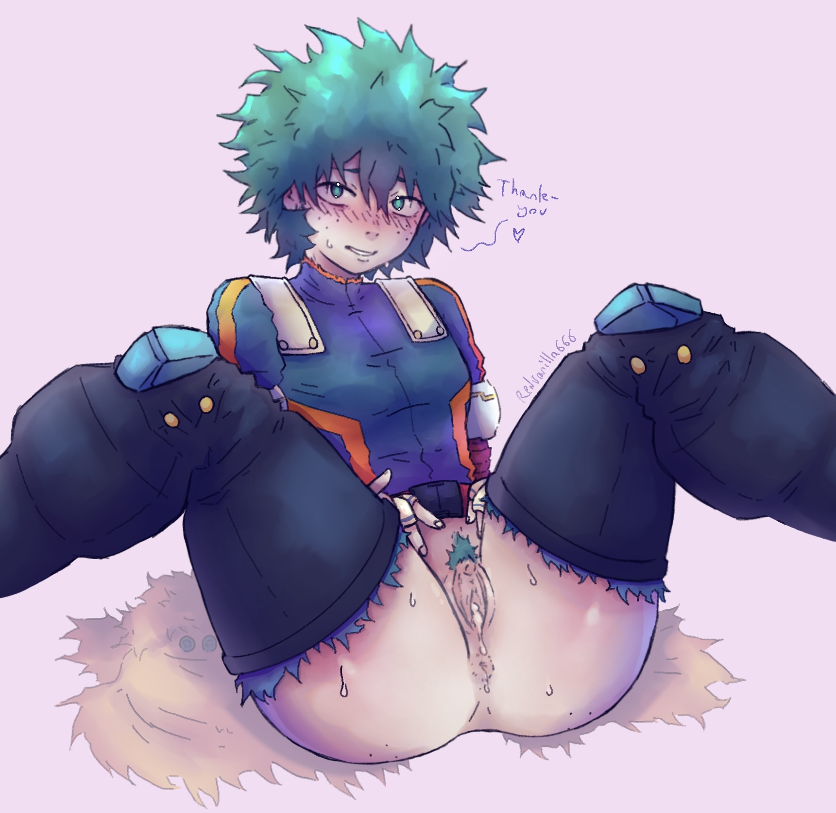 1boy, 1cuntboy, 2025, after sex, androgynous, blush, boku no hero academia, bush, cuntboy, cuntboy only, deku, english text, freckles, freckles on face, green eyes, green hair, green pubic hair, izuku midoriya, looking at viewer, midoriya izuku, mostly clothed, my hero academia, pubic hair, pussy, pussy focus, pussy juice, redvanilla666, shy, shy expression, sweat, sweaty