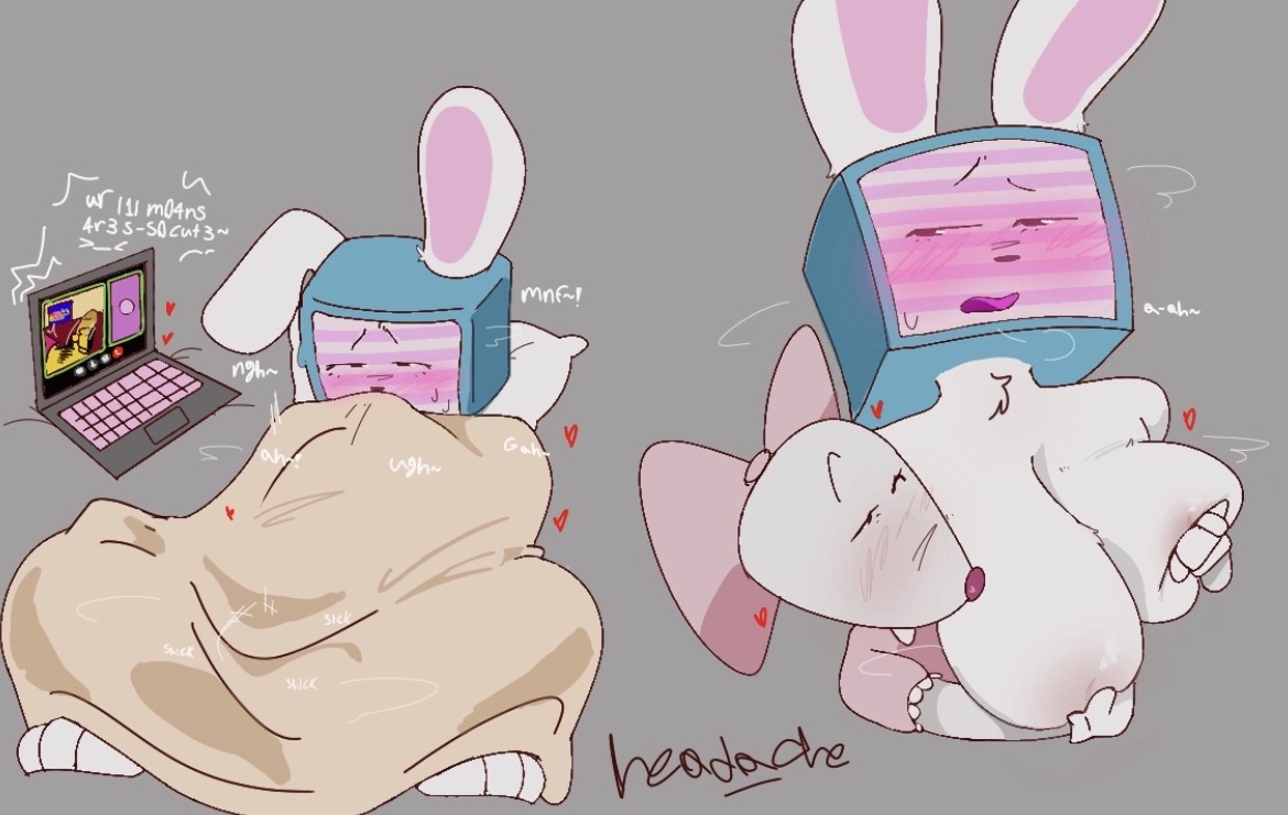 1boy, 2girls, artist signature, bedroom eyes, big breasts, blanket, blush, blush lines, bow, breast grab, breasts, breasts out, bunny ears, bunny girl, clothing, computer, discord, duel masturbation, eyes rolling back, female, female focus, fondling, fondling breast, fur, furry, gloves, head ache, heart, huge breasts, infected (regretevator), keyboard, large breasts, masturbation, melanie (regretevator), moaning, motion lines, mozelle (regretevator), nervous, on bed, penis, pillow, plain background, pleasure face, regretevator, roblox, roblox game, self upload, shirt, shirtless, shirtless female, simple background, small dom big sub, smaller female, steam, straight, sweat, sweating, sweaty, tv, tv head, tv screen, whimper, white fur, white skin, yellow skin, yuri
