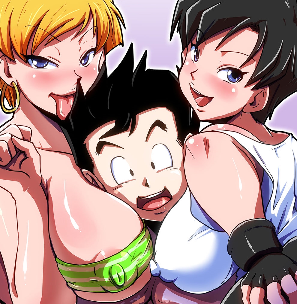 :p, 1boy, 2girls, black hair, blonde, blonde hair, blue eyes, blush, breasts, busty, clothed, curvy, dragon ball, dragon ball z, erasa, erect nipples, eyelashes, female, gloves, grabbing, huge areolae, imminent sex, large breasts, licking, long nails, male, nipples, open mouth, puffy nipples, rickert kai, short hair, shounen jump, smile, son gohan, straight, swingers, threesome, tongue, tongue out, videl, voluptuous