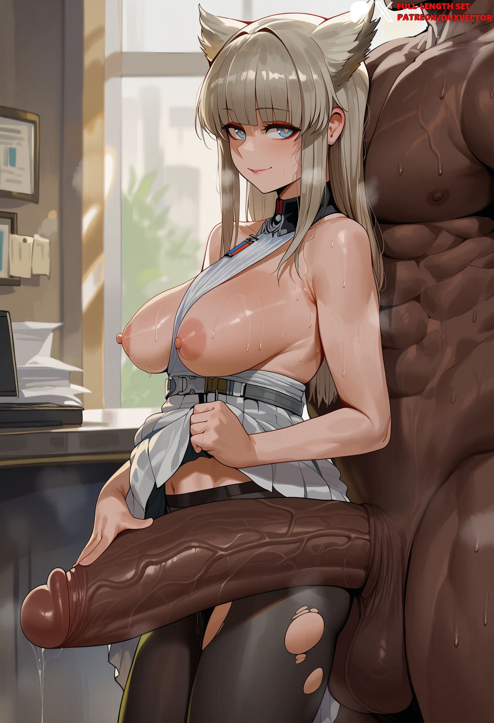 1boy, 1girls, abs, ai generated, animal ears, arknights, arknights: endfield, bare shoulders, between breasts, black pantyhose, blonde hair, blue eyes, blunt bangs, blush, breasts, breasts out, clothed female nude male, clothes lift, clothing, cowboy shot, dark skin, dark-skinned male, dress, dress lift, duxvector, erection, extra ears, female, grey hair, head out of frame, heart-shaped pupils, height difference, huge cock, huge testicles, indoors, interracial, large breasts, large penis, large testicles, lifted by self, lips, long hair, looking at viewer, male, muscle, muscular, muscular male, nipples, nude, pantyhose, penis, penis grab, penis size difference, perlica (arknights: endfield), precum, sidelocks, skirt, sleeveless, sleeveless dress, smile, solo focus, standing, straight, sweat, symbol-shaped pupils, testicles, torn clothes, torn pantyhose, veins, veiny penis, white dress
