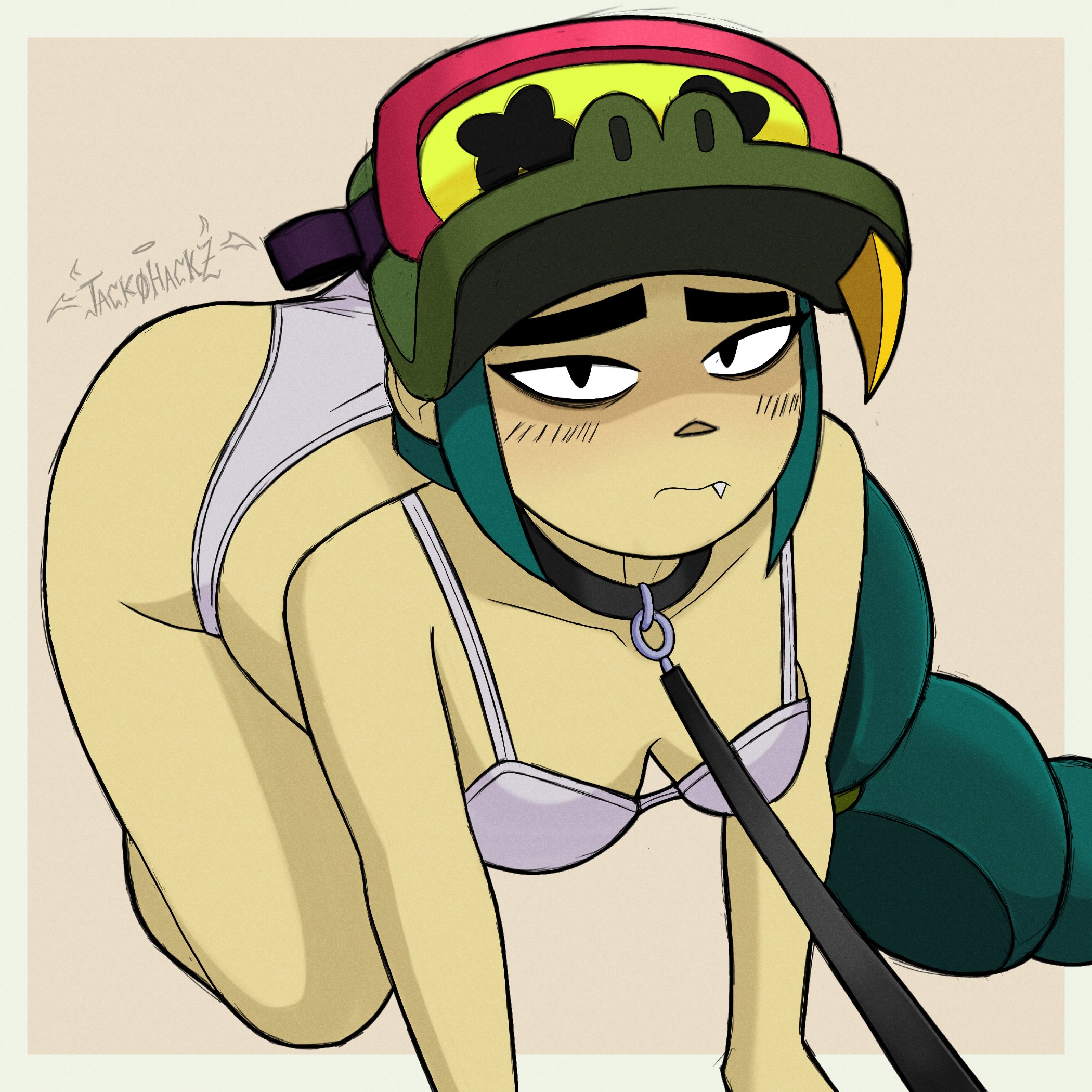 alli (brawl stars), artist upload, brawl stars, breasts, dog collar, female, female only, green hair, self upload, sickojacko