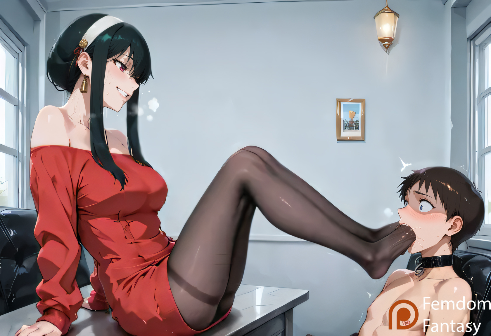 1boy, 1boy1girl, 1girls, ai generated, boy, cowgirl position, dominant, dominant female, domination, dominatrix, feet, feet fetish, feet focus, feet together, feet up, female, femdom, femdomfantasyai, fetish, foot fetish, foot focus, foot lick, footjob, footwear, forced, highres, human, kissing, spy x family, submissive male, taller girl, yor briar