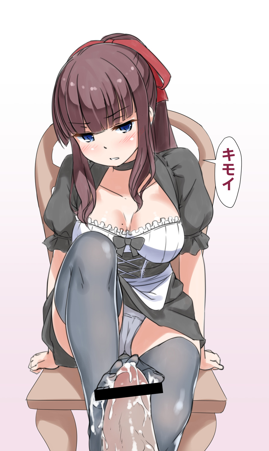 1boy 1girls bar_censor black_legwear black_socks blue_eyes blush breasts brown_hair censored choker cleavage clothing cum cum_on_feet female footjob footjob_with_legwear hair_ribbon highres human jakelian long_hair looking_at_viewer male mole mole_on_breast new_game! panties pantyshot penis ponytail ribbon simple_background sitting solo_focus stomach_bulge takimoto_hifumi thighhighs underwear