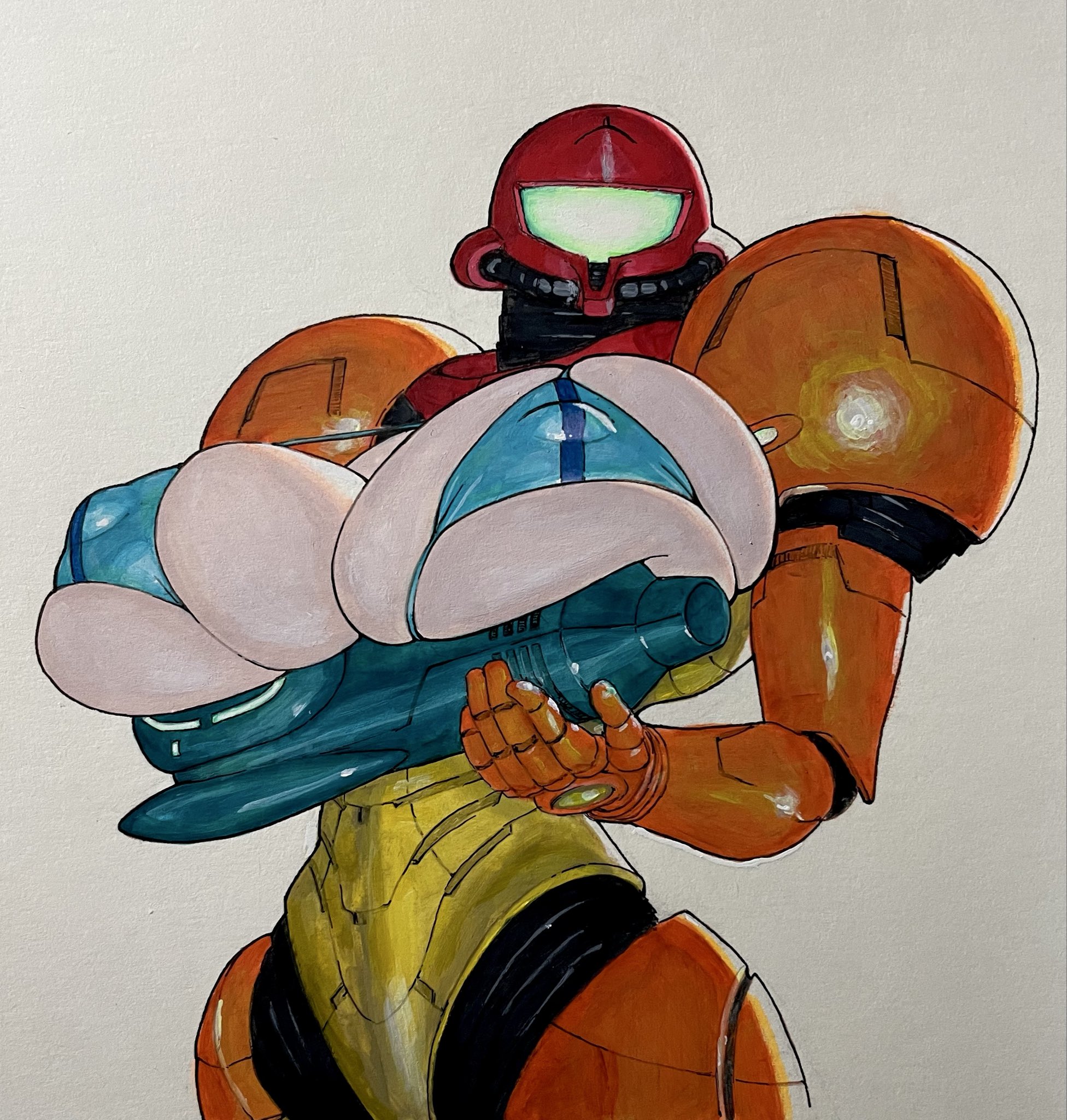 1girls, armor, armored samus, big breasts, bra, busty, female, helmet, huge breasts, metroid, nintendo, samus aran, shiwasu11, string bra, suit, tomboy, weapon