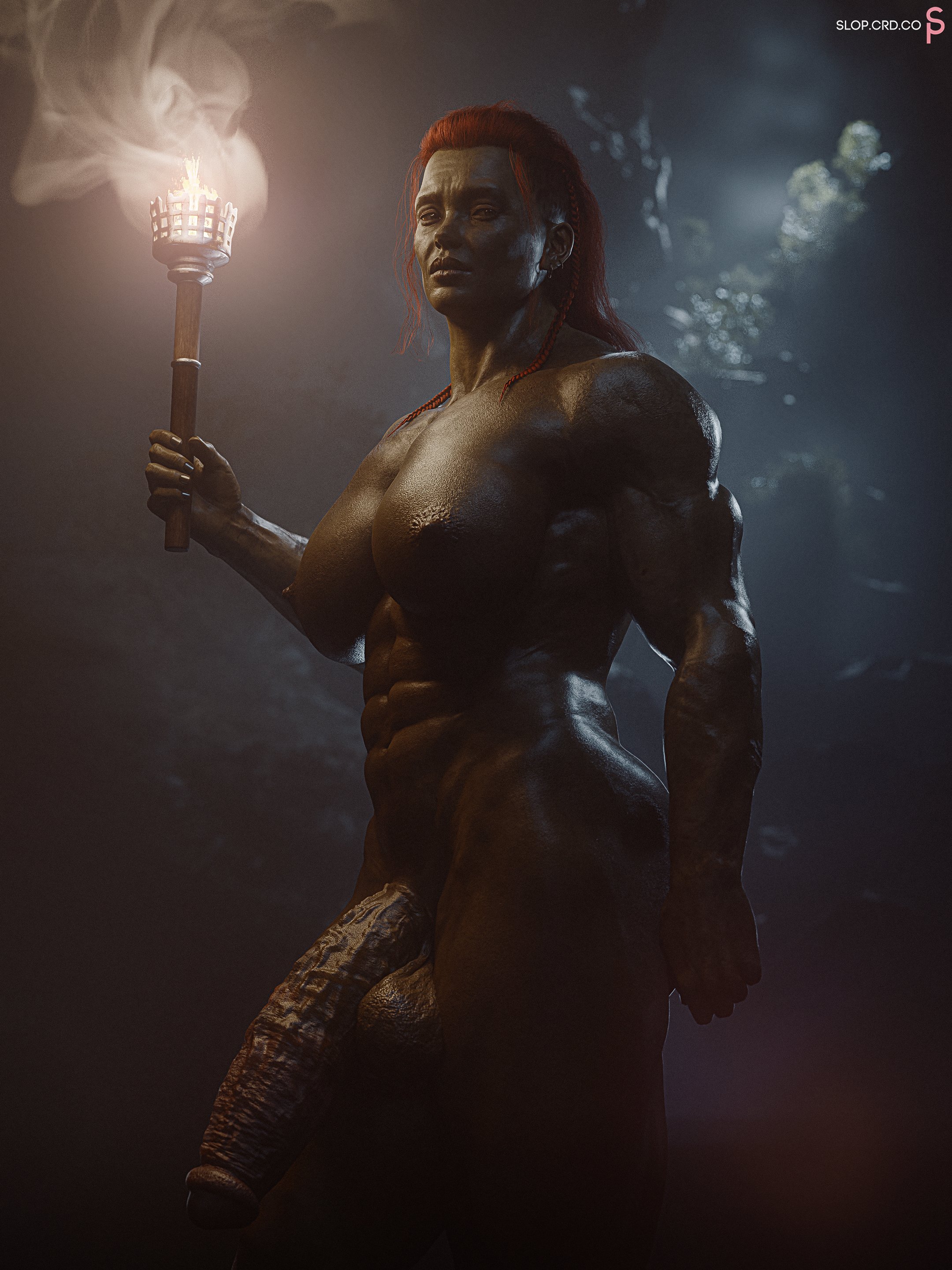 1futa, 3d, abs, balls, big balls, big breasts, big penis, breasts, casual, casual nudity, completely nude, dark skin, earrings, fantasy, flaccid, forest, futa only, futanari, green skin, green-skinned futa, huge cock, intersex, large penis, long hair, moonlight, muscular, muscular arms, muscular futa, muscular legs, muscular thighs, night, nipples, nonsexual, nonsexual nudity, nude, nude futa, orc, orc futa, original, original character, outdoor nudity, outdoors, penis, red hair, slop art, smoke, solo, solo futa, standing, torch, trees, veiny muscles, veiny penis