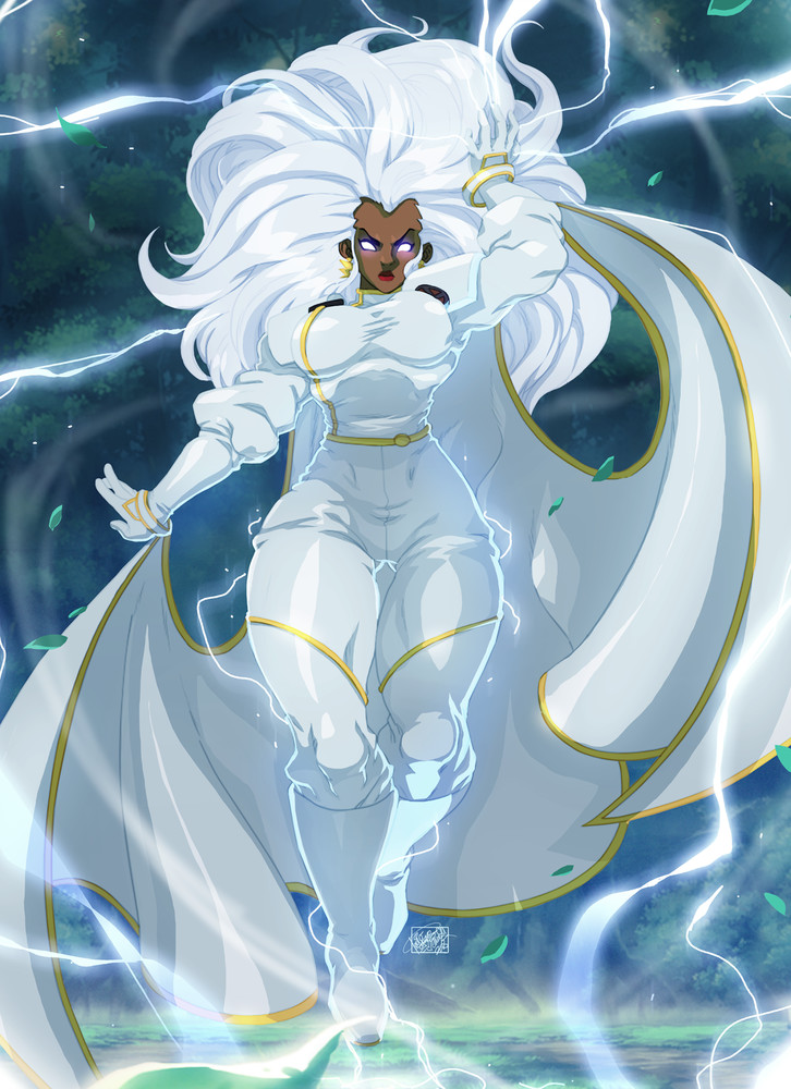 1girls, aura, bodysuit, breasts, busty, cape, dark skin, dark-skinned female, earrings, electricity, female, female only, fully clothed, glowing, glowing eyes, high resolution, hourglass figure, jewelry, looking at viewer, marvel, marvel comics, ororo munroe, skin tight, solo, source request, storm (x-men), thick thighs, thighs, tovio rogers, white hair, wide hips, x-men, x-men: the animated series