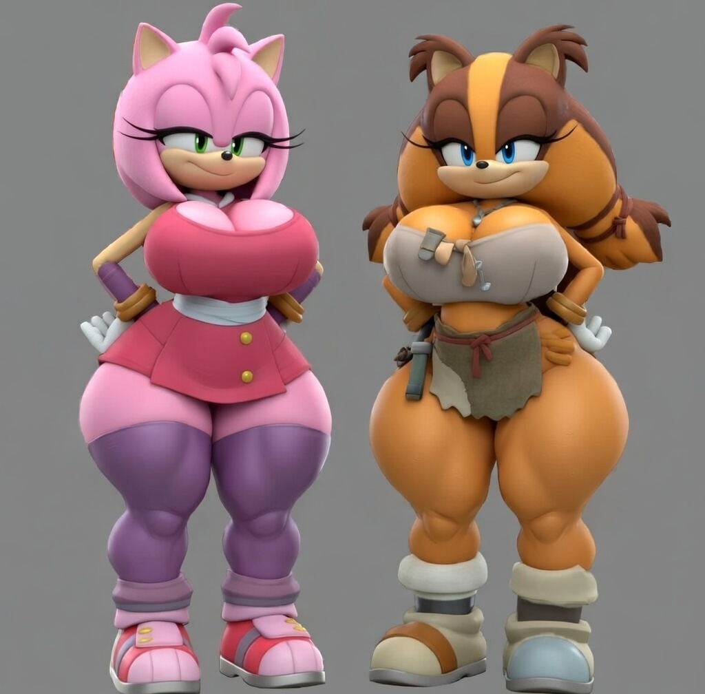 3d, 3d (artwork), ai generated, amy rose, amy rose (boom), clothing, duo, huge ass, huge breasts, looking at viewer, mobian (species), sega, smiling, sonic (series), sonic boom, sonic the hedgehog (series), standing, sticks the badger, thick thighs