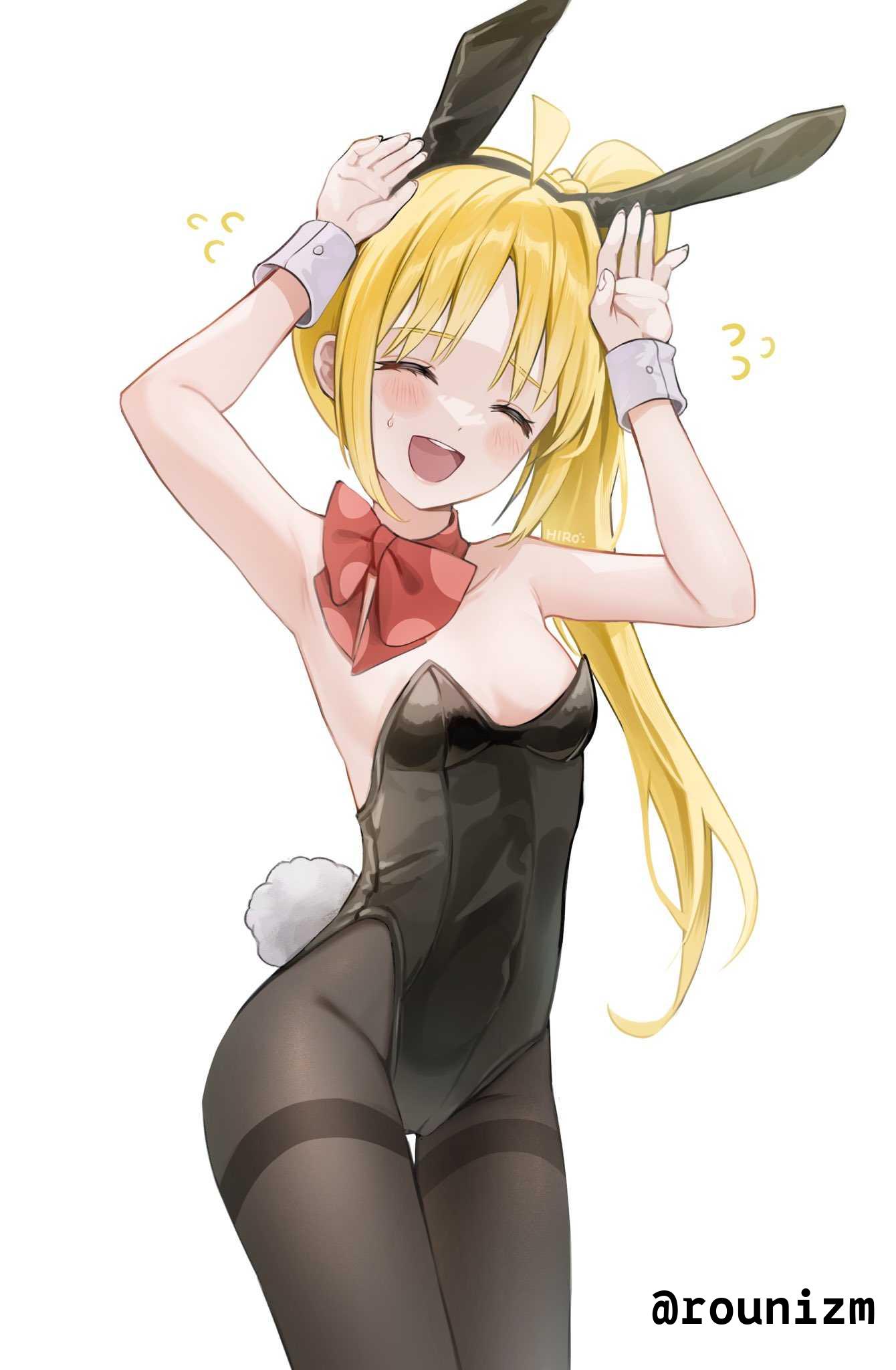 1girls, 2d, 2d (artwork), 2d artwork, ahoge, arm above head, arm up, armpit, armpit peek, armpits, arms above head, arms up, belly button, black bowtie, black bunny ears, black bunnysuit, black hairband, black legwear, black leotard, black pantyhose, black stockings, black tights, black topwear, blonde female, blonde hair, blonde hair female, blonde-haired female, blush, blush face, blushing female, blushing lines, bocchi the rock!, bowtie, breasts, bunny ears, bunny tail, bunnygirl, bunnygirl outfit, bunnysuit, collar, collarbone, digital, digital art, digital drawing, digital drawing (artwork), digital media, digital media (artwork), elbows, female, female focus, female only, fingers, flat breasts, flat chest, flat chested, groin, hairless armpits, hand above head, hand up, hands above head, hands up, head tilt, high resolution, high school student, highres, ijichi nijika, inguinal crease, inguinal ligament, lean figure, legwear, leotard, long hair, looking at viewer, narrow waist, navel, open mouth, open mouth smile, orange eyes, orange-eyed female, pantyhose, parted lips, petite, petite body, petite breasts, petite female, petite girl, petite tits, ponytail, posing, posing for the viewer, presenting armpit, rabbit pose, red collar, rounizm, school girl, shaved armpits, shoulders, side ponytail, sidelocks, simple background, skinny, skinny female, skinny girl, skinny waist, slender body, slender waist, slim waist, small breasts, smile, smiley face, smiling, smiling at viewer, smooth armpits, smooth chest, solo, standing, teen girl, teenage girl, teenager, thigh gap, thighs, tights, tilted head, tongue, topwear, upper body, upper teeth, white background, white wrist cuffs, wrist cuffs, yellow hair, yellow-haired female, young female, young woman