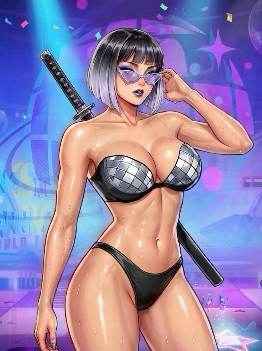 ai assisted, bikini, bob cut, drawingthings12, female only, marvel, marvel rivals, psylocke, psylocke (marvel rivals), psylocke (psychedelic pulse), solo, sunglasses