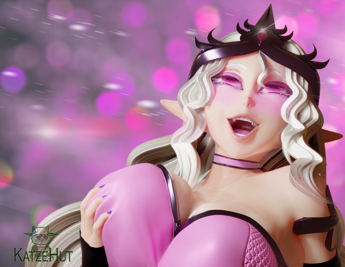 2026, 3d, big breasts, chaos (warhammer), city boy, elf ears, female, female solo, holding breast, idiotoftheeast, katzehut, meme, purple eyes, slaanesh, tears, warhammer (franchise), warhammer 40k, white hair, yumeko grabbing her breast