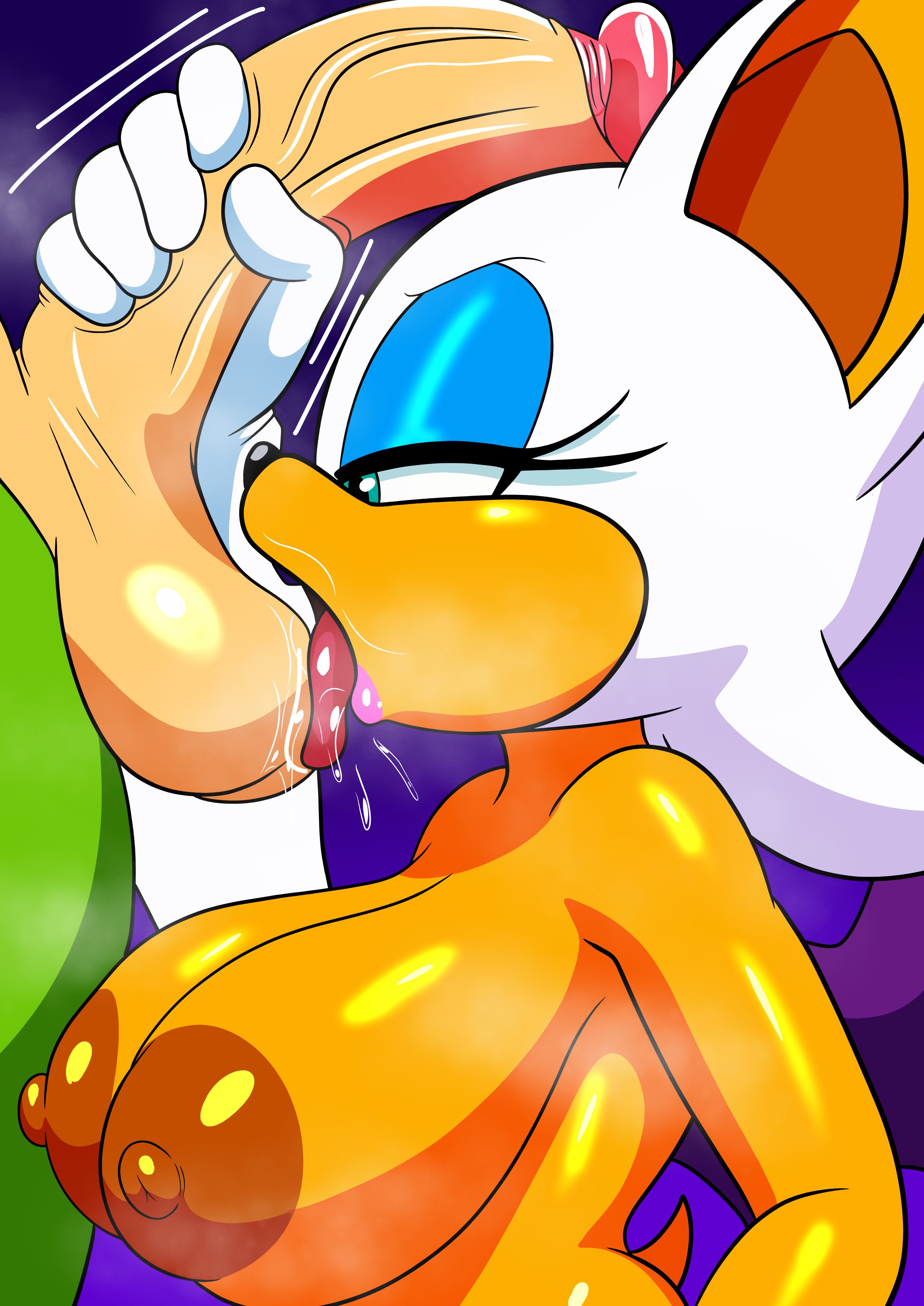 balls sucking, furry , furry funnychan, gloved handjob, gloves, hand on penis, handjob, handjob with gloves, holding penis, large breasts, large penis, licking balls, rouge the bat, sega, sonic (series), sonic the hedgehog (series), touching penis, white gloves