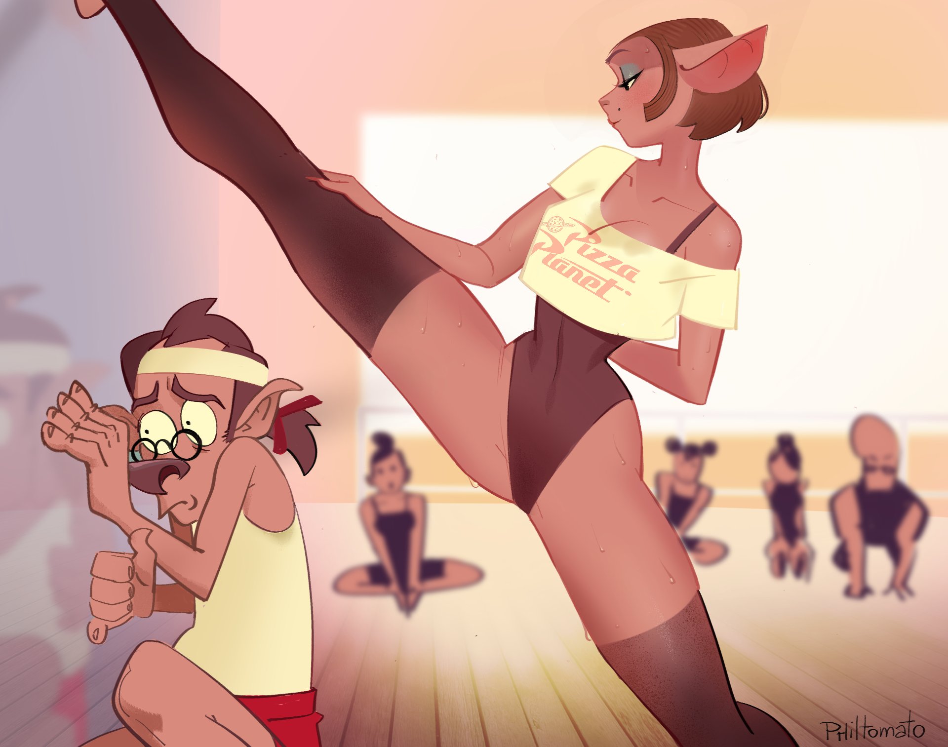 beauty mark, breasts, canine, captain amelia, cowering, delbert doppler, disney, exercise, exercise clothing, feline, female, glasses, gym, johnny bravo, leotard, mature female, otagoth, philtomato, raised leg, treasure planet