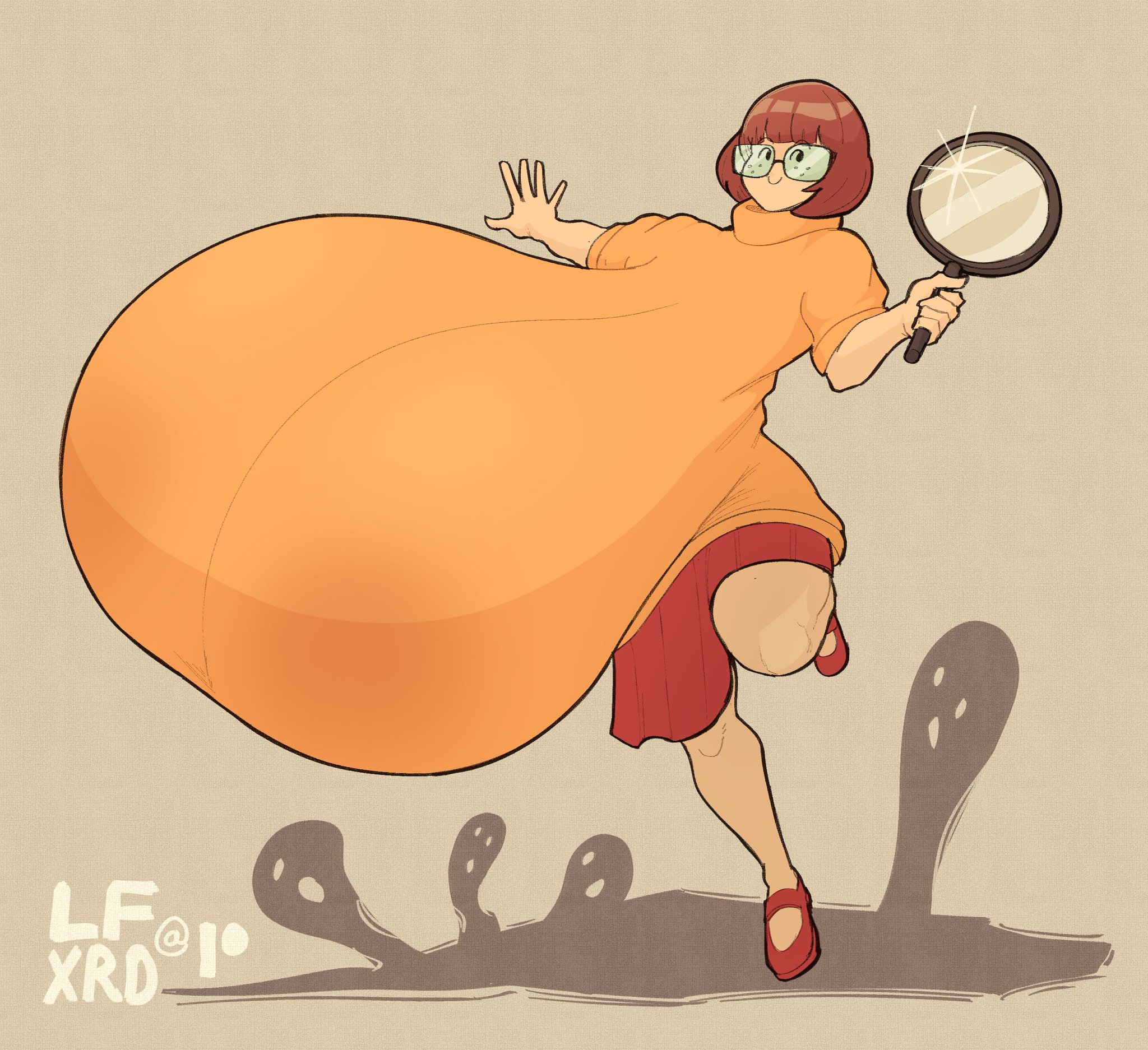 glasses, huge breasts, hyper, hyper breasts, lucy fuchs, scooby-doo, simple background, sweater, sweater puppies, velma dinkley