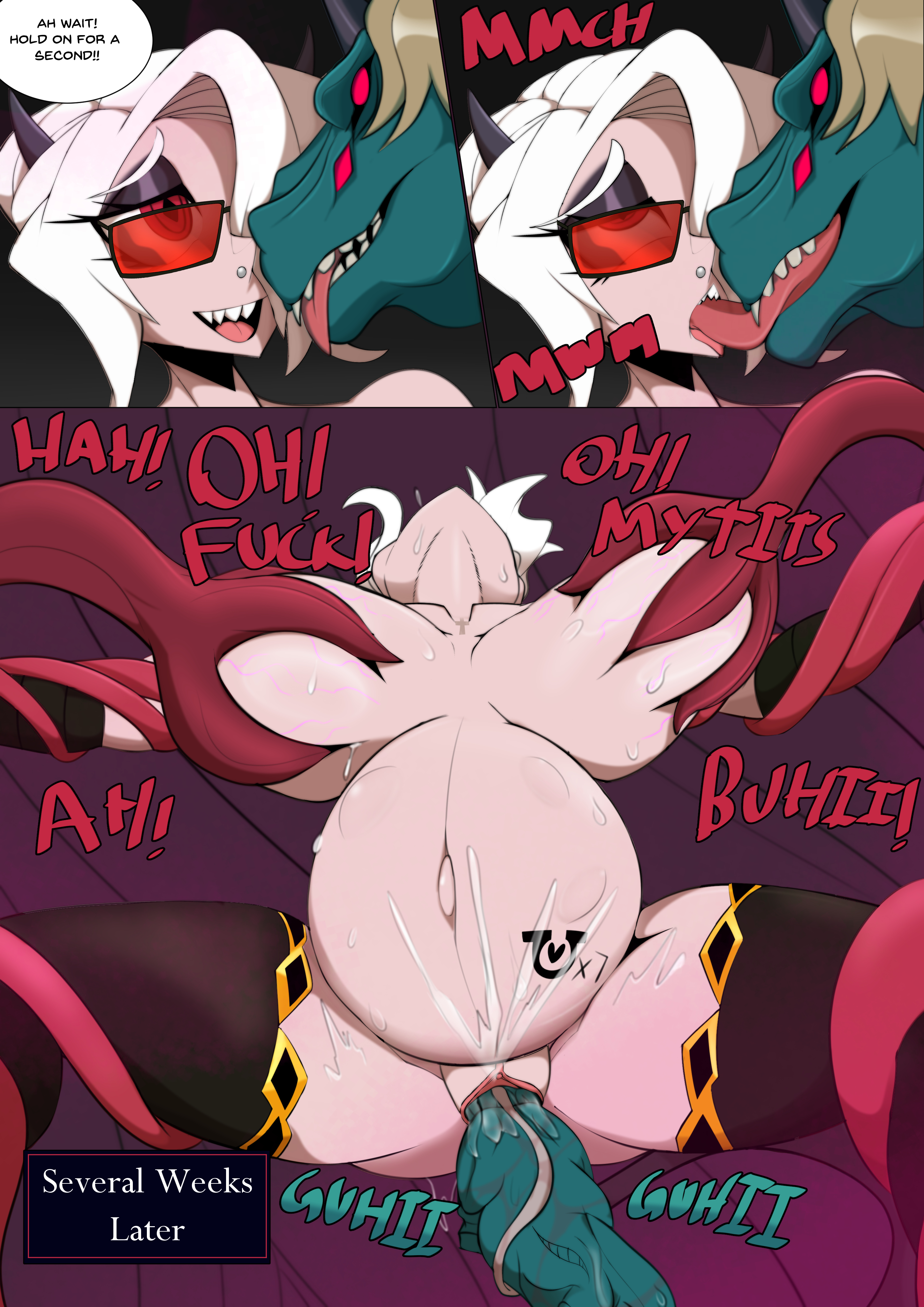 ahe gao, birth, birth counter, demon, demon girl, demon horns, demon tail, double penis, giving birth, glasses, helltaker, horse, kissing, nipple penetration, red eyes, sunglasses, tally marks, tentacle, theeyeofmonitor, white hair, zdrada (helltaker)