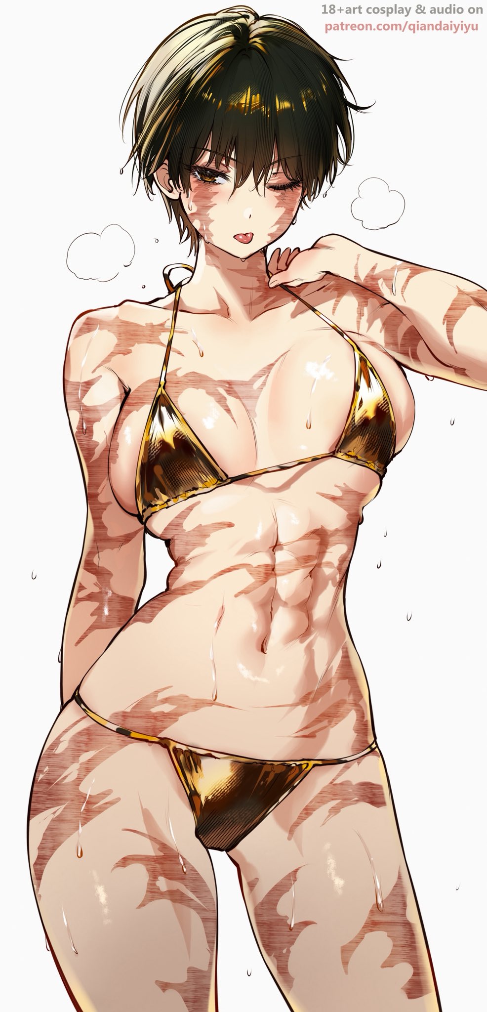 ;p, abs, bikini, black hair, breasts, brown eyes, facial scar, female, female only, gold bikini, highres, jujutsu kaisen, large breasts, looking at viewer, navel, one eye closed, qiandaiyiyu, scar, scar on breasts, scar on cheek, scar on face, scar on leg, scar on stomach, solo, standing, swimsuit, tongue, tongue out, zen'in maki, zenin maki