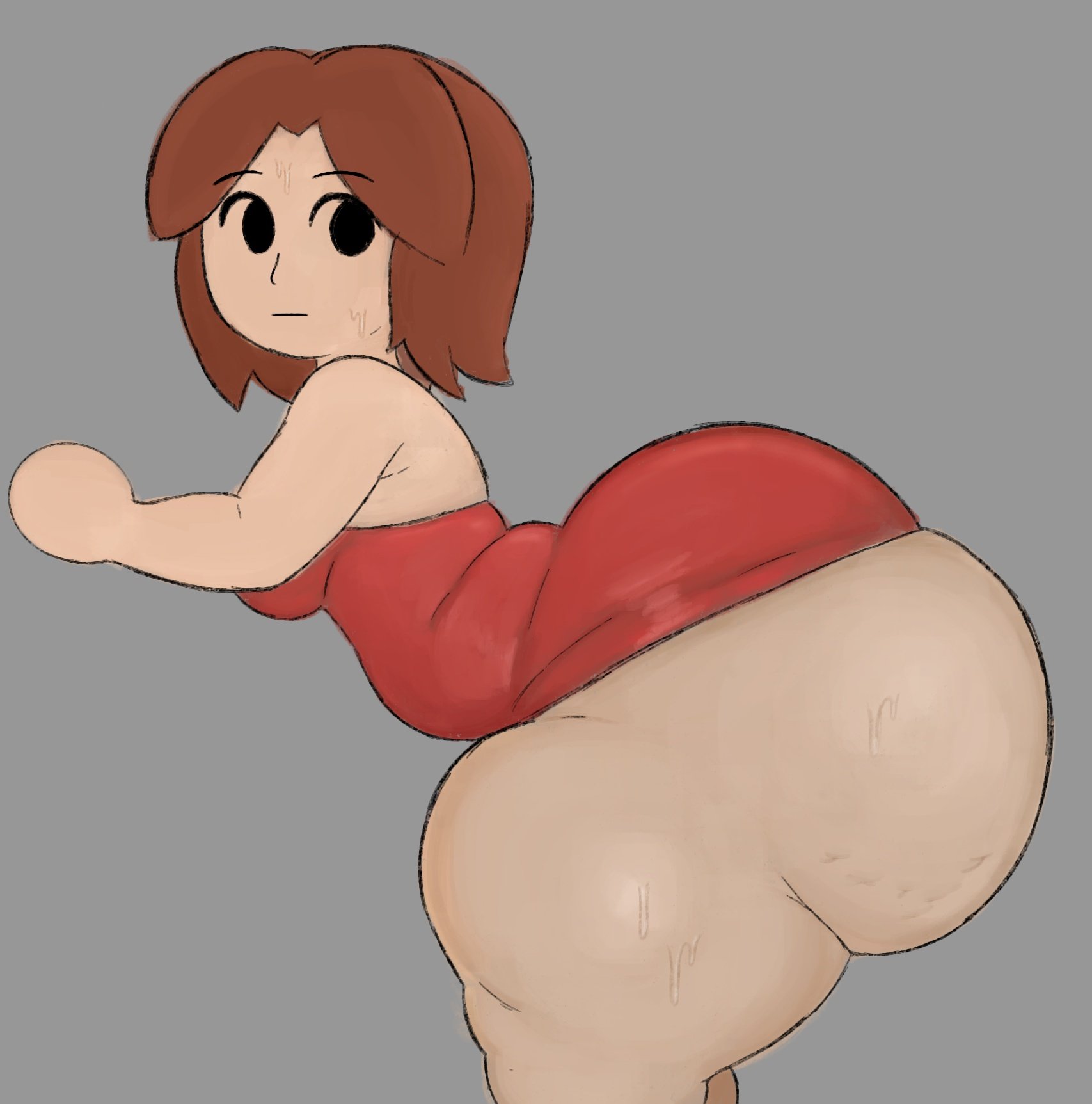 all fours, ass bigger than breasts, bending over, big ass, breasts, brown hair, dress, dress lift, fat ass, from behind, from behind position, gray background, huge ass, mii, mii gunner, mii gunner (smash 4), mob face, neutral expression, nintendo, round ass, sashimilotus, short hair, side eye, small breasts, super smash bros., sweatdrop, sweating, sweaty ass, sweaty body, thick thighs, thighs