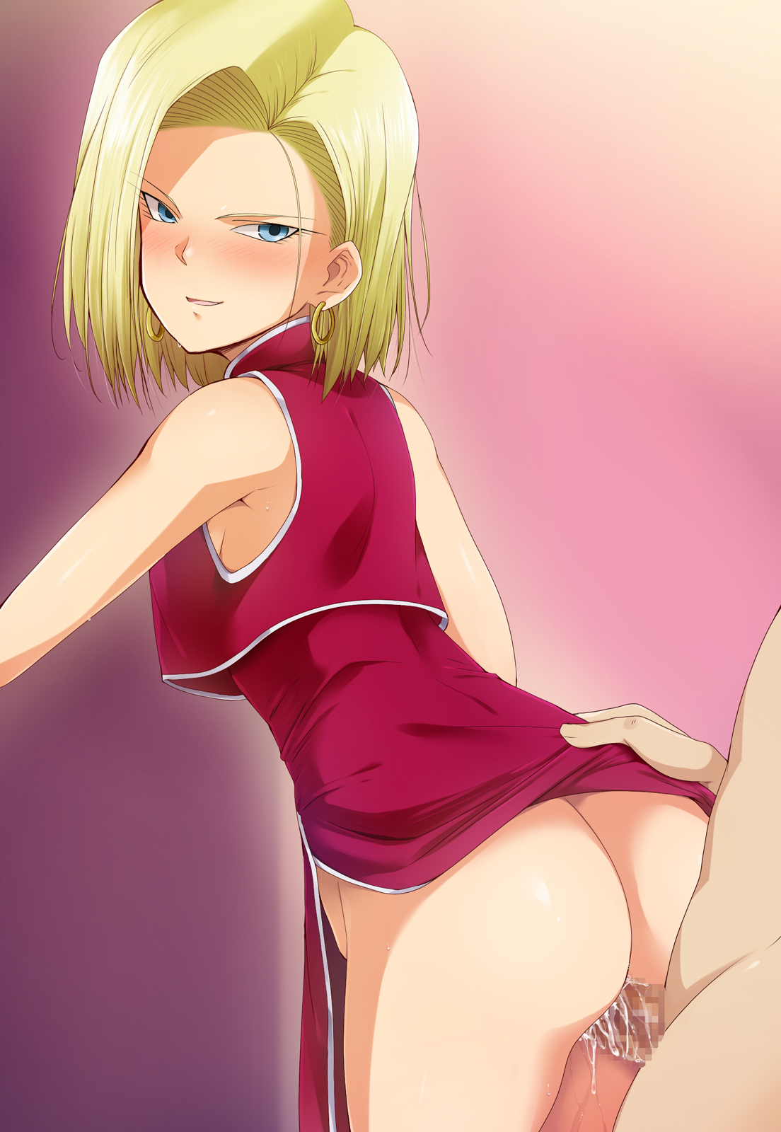 android 18, ass, back, bare arms, bare legs, blonde hair, blue eyes, blush, bob cut, breasts, censored, china dress, chinese clothes, clothed female nude male, cum, cum in pussy, dragon ball, dragon ball z, dress, earrings, female, gradient background, highres, hoop earrings, kaiga, legs, looking back, male, mosaic censoring, no panties, parted lips, penis, pussy, pussy juice, sex, short hair, simple background, sleeveless, smile, solo focus, standing, thighs, vaginal penetration, wet
