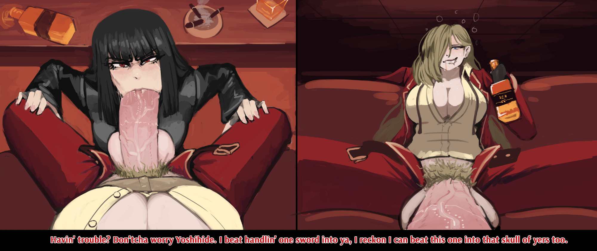1futa, 1girls, 2026, angry, big breasts, big penis, blowjob, boxman, cleavage, dialogue, drunk, drunk bubble, english text, female, female pov, forced oral, futa on female, futa pov, futanari, hi res, high resolution, highres, holding alcohol, huge breasts, huge cock, huge penis, incest, incest (lore), large breasts, large penis, light skin, light-skinned female, light-skinned futa, limbus company, oral, oral pov, oral sex, pov, project moon, pubic hair, ryoshu (limbus company), ryoshu (project moon), taker pov, text, valencina (limbus company), veiny penis