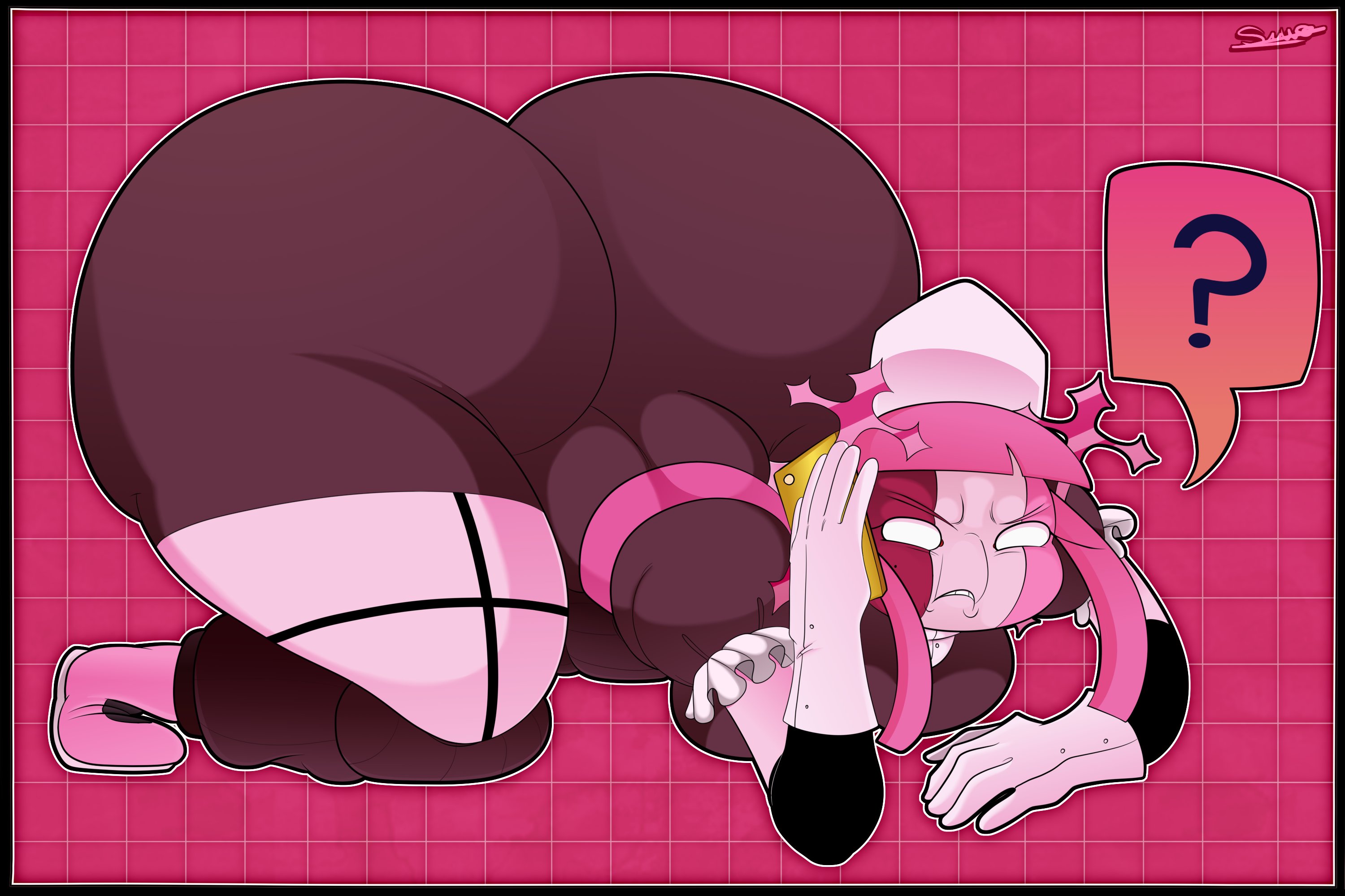 angry, angry expression, ass bigger than breasts, ass bigger than head, ass focus, big ass, bubble butt, fat ass, fnf: angelic rhythms, friday night funkin, friday night funkin mod, gigantic breasts, gloves, huge ass, long hair, mid fight masses, nun, nun hat, nun outfit, pink body, pink hair, pose, round ass, sarvente (angelic rhythms), suwodirector, thick thighs, thighhighs, thighs, white eyes