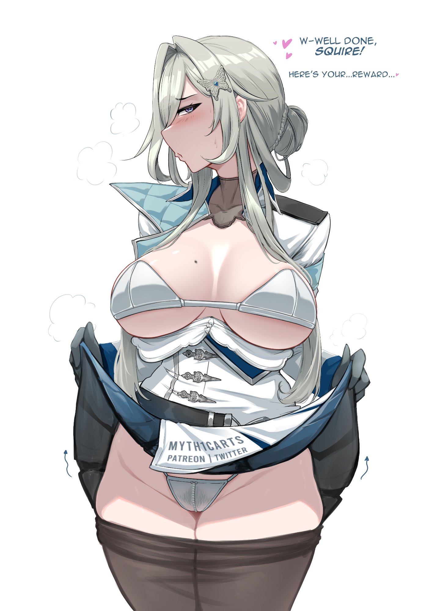 1girls, belt, big breasts, bra, braid, breasts, breasts out, bun with braided base, butterfly hair ornament, clothes lift, commentary, embarrassed, english commentary, female, female pubic hair, flashing, gloves, grey eyes, grey hair, hair bun, hair ornament, highres, large breasts, light skin, light-skinned female, mole, mole on breast, myth1c, myth1carts, pale skin, pale-skinned female, panties, phase connect, phase saga, presenting, pubic hair, see-through clothes, skirt, skirt lift, standing, teasing, thick thighs, thighs, underboob, underwear, virtual youtuber, vtuber, white background, wilhelmina frost