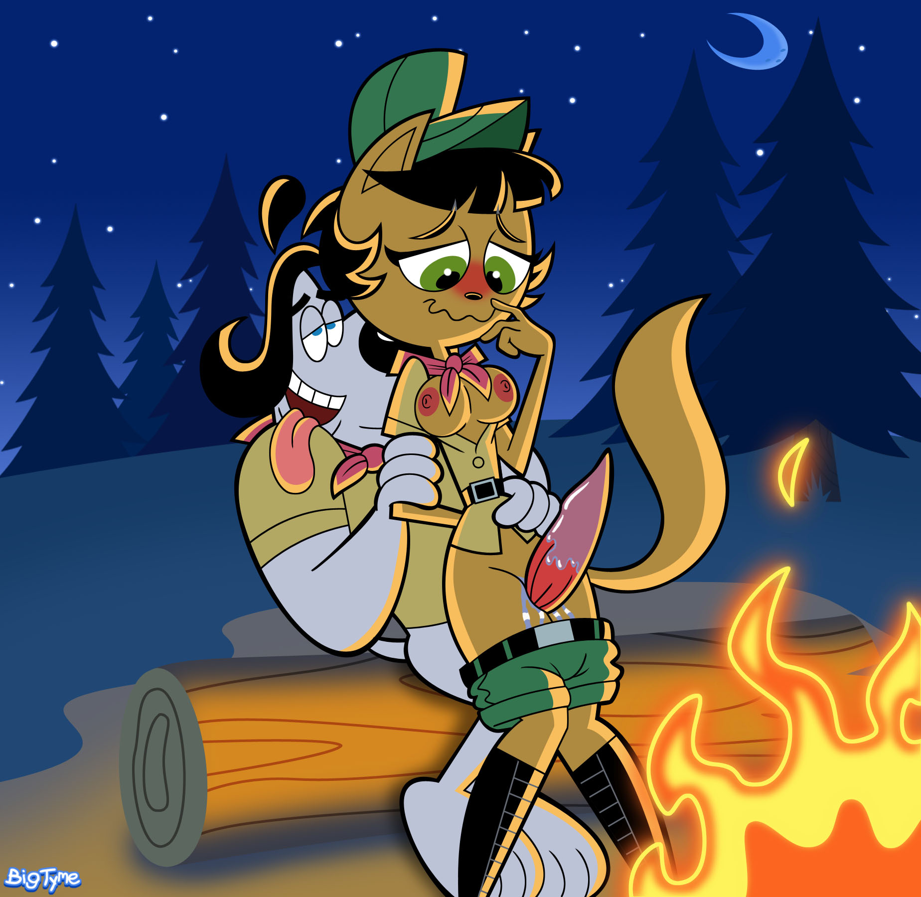 anthro, bigtyme, blush, bodily fluids, breasts, campfire, camping, canine penis, cat, dog, dudley puppy, female, functionally nude, furry, interspecies, kitty katswell, looking pleasured, male, male/female, penis, pussy, t.u.f.f. puppy, tagme, thighjob, vagina