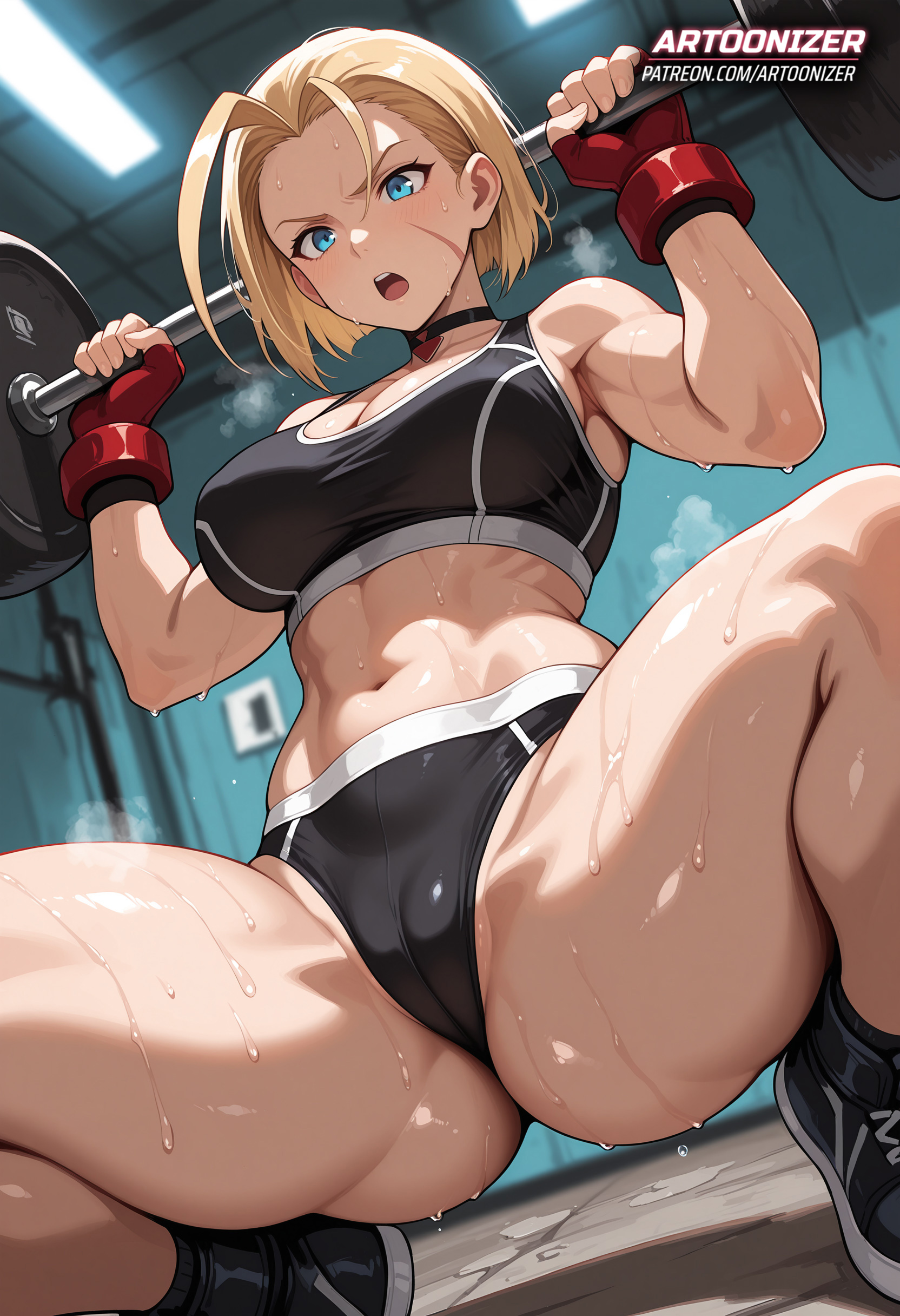 ai generated, artoonizer, ass, athletic female, barbell, big ass, big breasts, blonde hair, blue eyes, breasts, cammy white, cammy white (street fighter 6), capcom, choker, female, fingerless gloves, footwear, gauntlets, gym, gym clothes, gym uniform, handwear, huge breasts, legs apart, legs spread, light skin, light-skinned female, muscular, muscular arms, muscular female, narrow waist, navel, open mouth, patreon, patreon username, posing, pussy, scar, scar on cheek, scar on face, short hair, solo, solo female, solo focus, sports bra, sportswear, squatting, stomach bulge, street fighter, street fighter 6, sweat, thick thighs, thighs, viewed from below, weightlifting, wet body, workout