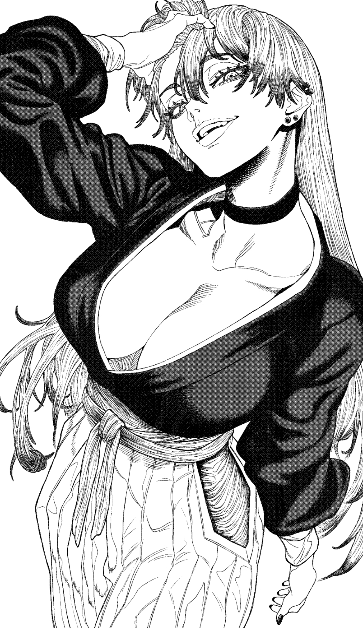 big breasts, bitchy, black and white, black tipped hair, cleavage, cleavage overflow, cute, cute face, dyed hair, ear piercing, female, female focus, female naoya, female only, gender transformation, hand in hair, japanese clothes, japanese female, juicy lips, jujutsu kaisen, kimono, long hair, looking at viewer, plump lips, rule 63, sexy, sexy body, solo, solo female, solo focus, websake, zenin naoya