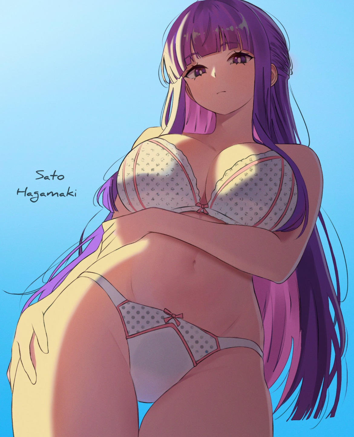 arm under breasts, belly, big breasts, big thighs, bra and panties, busty, busty female, curves, curvy, curvy female, cute, cute face, female, female focus, female only, fern (sousou no frieren), hand on hip, hourglass figure, lacy bra, lacy panties, long hair, looking at viewer, looking down at viewer, mage, pale-skinned female, pose, purple eyes, purple hair, sato hagamaki, sexy, sexy body, sexy clothing, sexy pose, solo, solo female, solo focus, sousou no frieren, thick thighs, tummy, wide hips, wide thighs