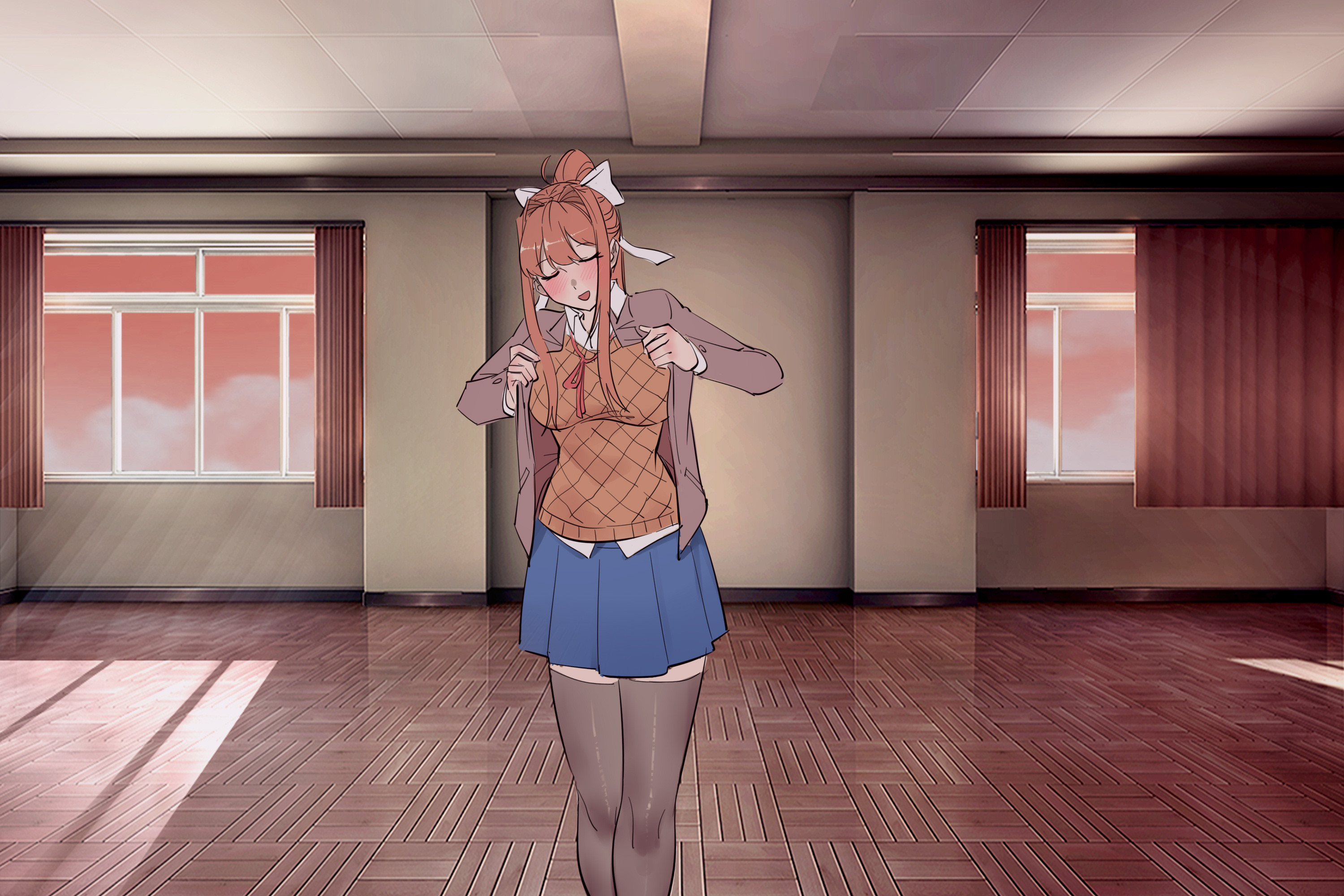carambolatup, clothing, doki doki literature club, female, female only, monika (doki doki literature club), sequence, solo, undressing, undressing self, walking, walking towards viewer
