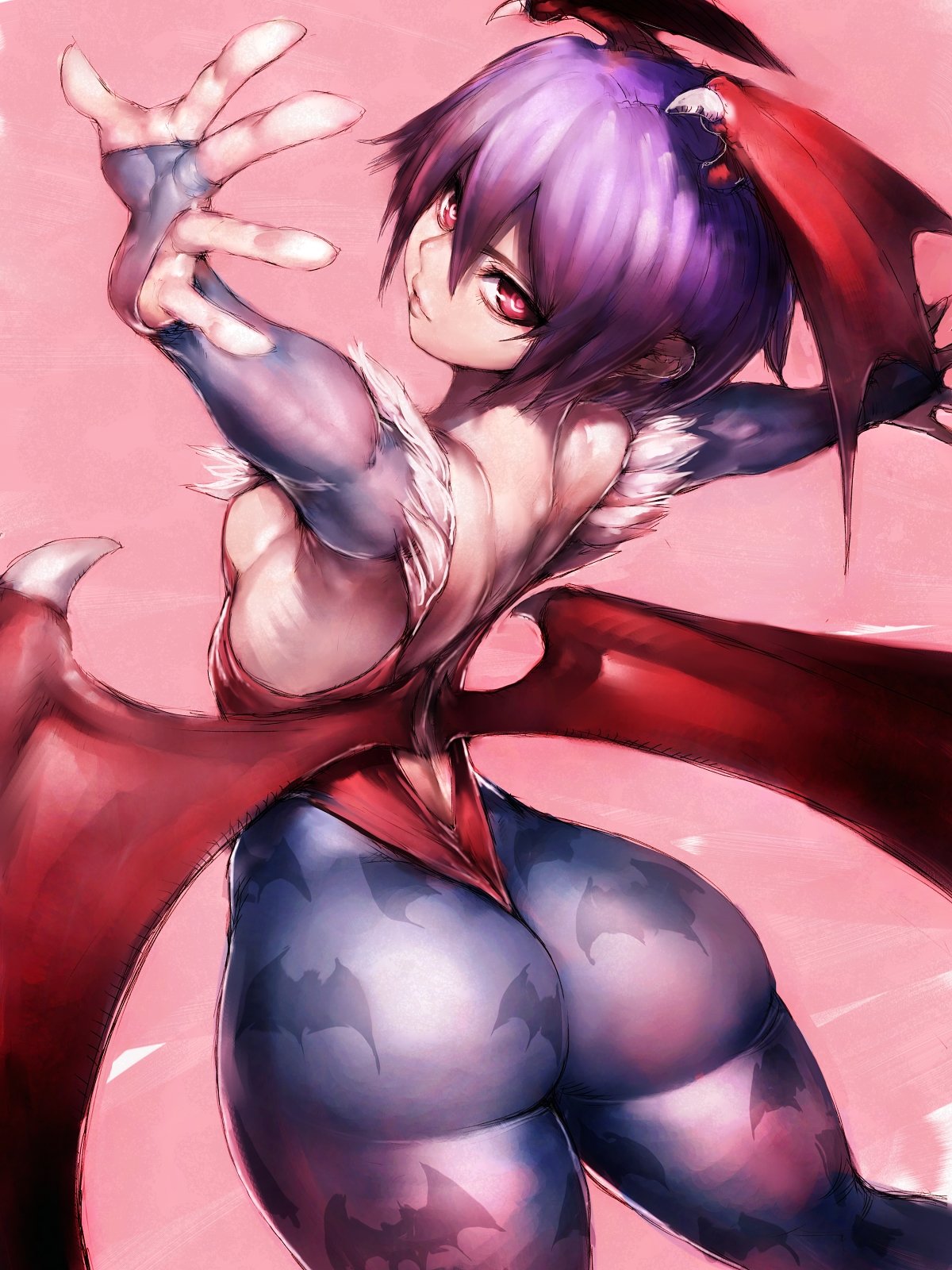 1girls, ass, backboob, breasts, cleavage, clothing, darkstalkers, demon, female, female only, fumio (rsqkr), head wings, lilith aensland, looking at viewer, looking back, pantyhose, purple hair, small breasts, solo, succubus, thick thighs, tight clothing
