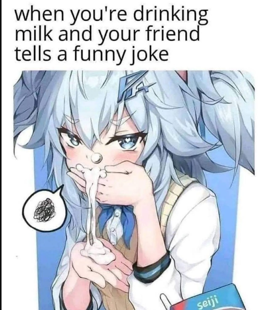 1boy 1girls blue_eyes blue_hair blush doing_ double_meaning drink drinking drinking_milk female funny i'm i_don't_know_ joke life meme meme_reference milk_on_hand my swallowing what with