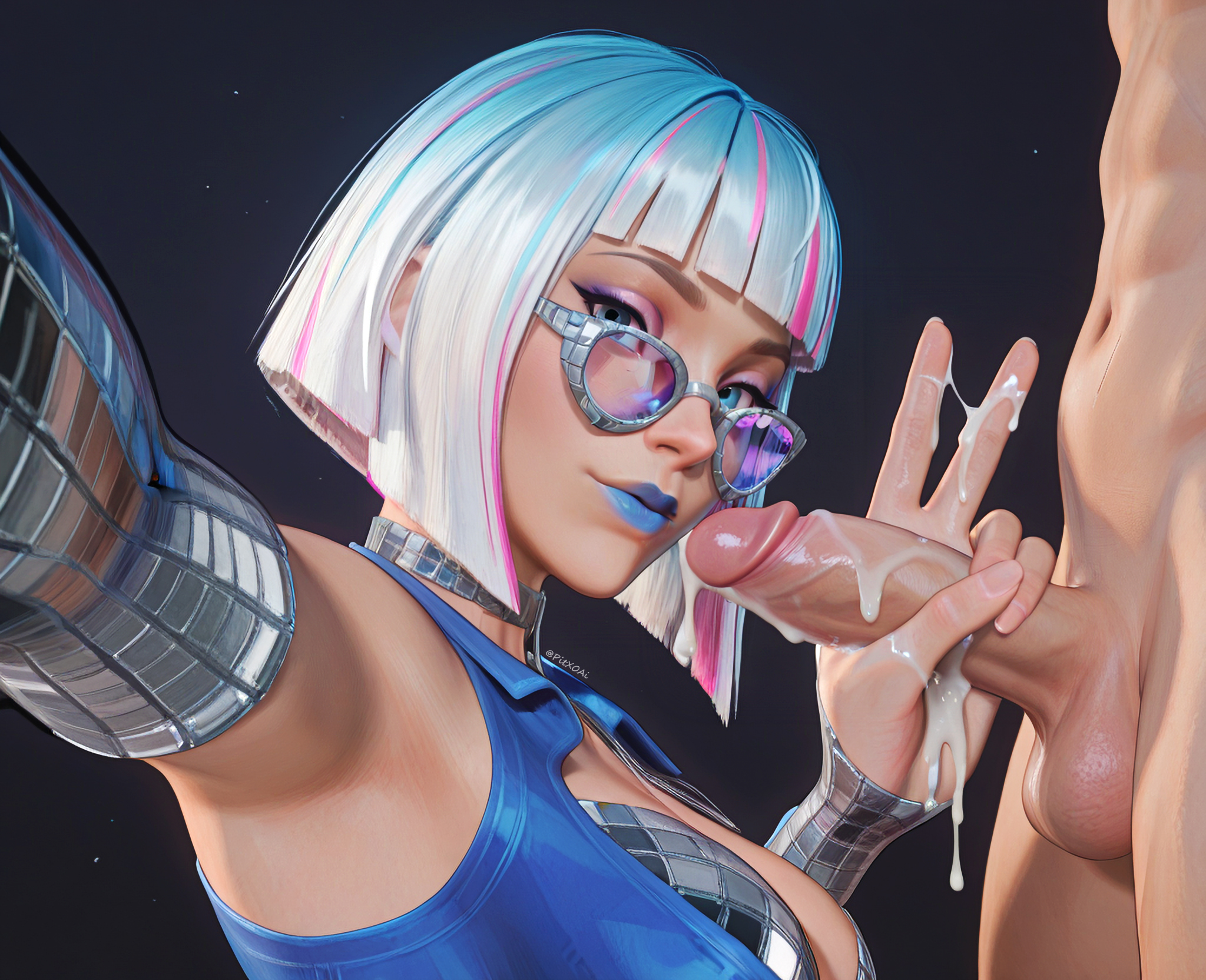 1girls, ai generated, armpits, blue eyes, blue lips, blue lipstick, blunt bangs, bob cut, choker, clothed female nude male, cum, cum on hand, cum on penis, cum string, cumdrip, elbow gloves, handjob, hi res, lipstick, looking at viewer, looking over eyewear, looking over sunglasses, makeup, marvel, marvel rivals, multicolored hair, outstretched arm, peace sign, pitxoai, psylocke, psylocke (psychedelic pulse), psylocke (sai), selfie, short hair, sunglasses, tinted eyewear, v, watermark