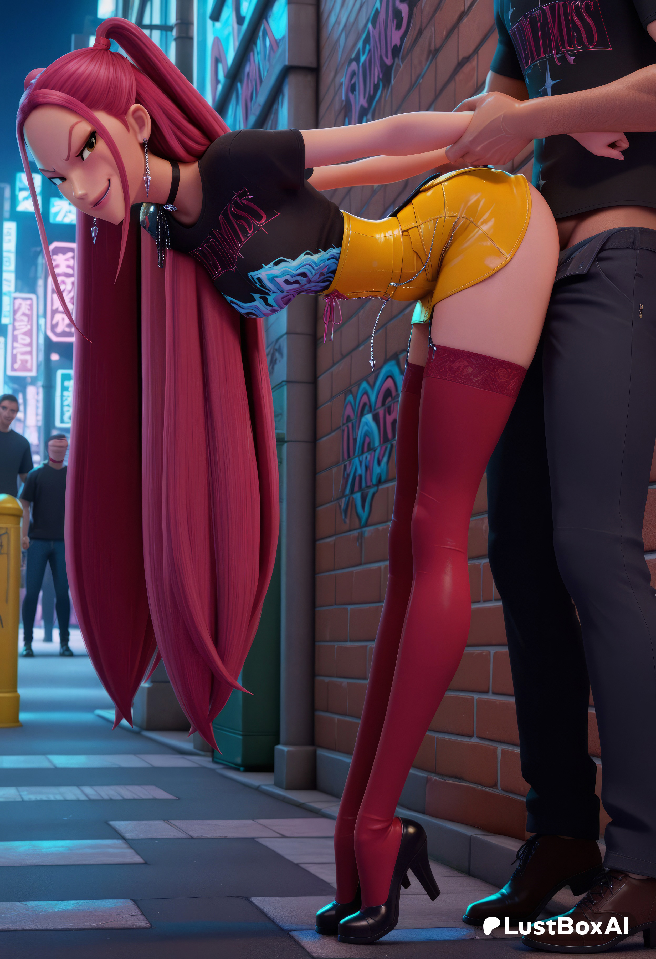 1girls, 2boys, ai generated, bent over, black choker, black shirt, breasts, choker, clothed sex, earrings, female, green eyes, hi res, high heels, jewelry, kpop demon hunters, long hair, lustboxai, mira (kpop demon hunters), multiple boys, netflix, night, outdoors, public indecency, red hair, sex, sex from behind, shirt, skirt, small breasts, smile, solo focus, sony pictures animation, standing, straight, thighhighs, twintails