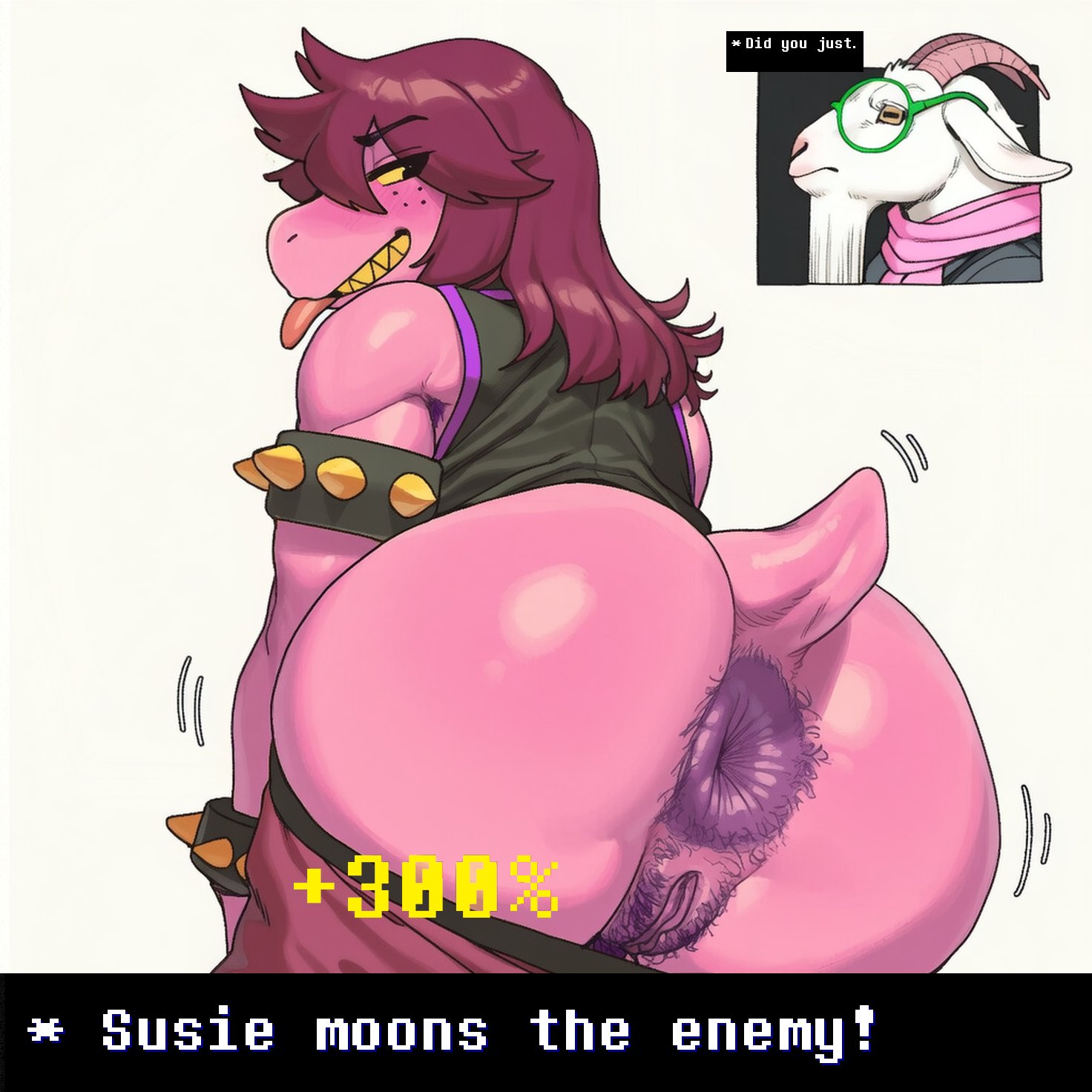 1girl1boy, ai assisted, ai generated, anus, deltarune, english text, female, from behind, goat, hairy anus, kokenaart, long hair, male, mooning, pants down, purple body, purple hair, pussy, ralsei, ralsei with white fur, sharp teeth, susie (deltarune), tail, tongue, tongue out