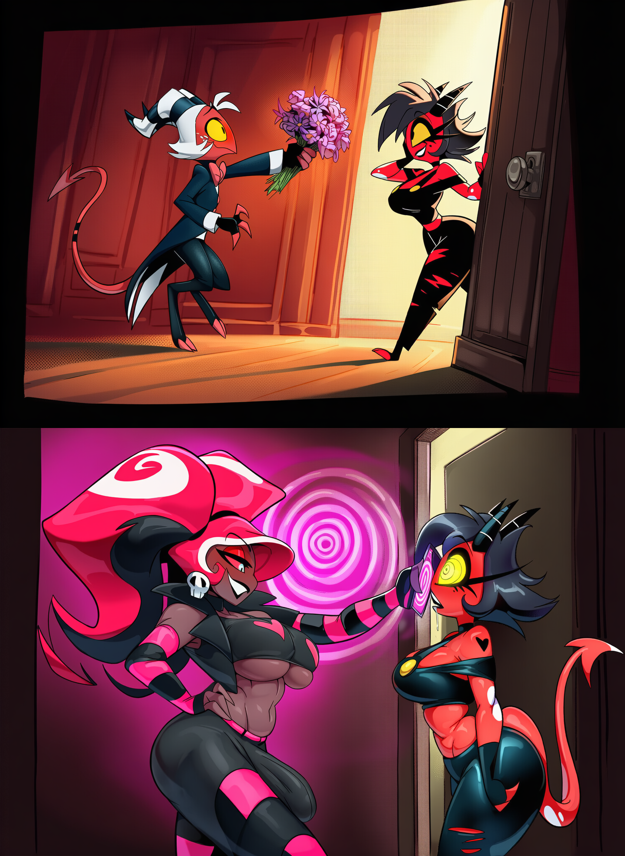 1boy, 1futa, 1girls, ai generated, athletic female, big breasts, breasts, bulge, bulge through clothing, clothed, color, comic, dark skin, demon, entering, farggothdur, female, flowers, futanari, glowing eyes, hazbin hotel, helluva boss, hi res, hypnosis, hypnosis app, illusion, imminent rape, imminent sex, imp, intersex/female, interspecies, male, male/female, millie (helluva boss), mind control, moxxie (helluva boss), phone, spiral eyes, thick thighs, twintails, velvette