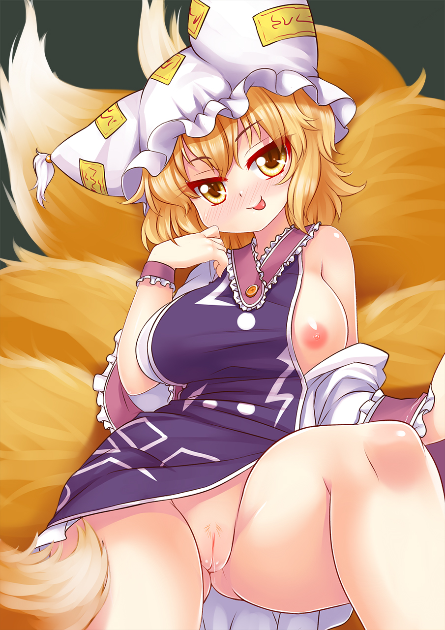 blush bottomless breasts dress female fox_tail hat hat_with_ears highres horny langlong large_breasts long_sleeves looking_at_viewer multiple_tails nipples off_shoulder pillow_hat pubic_hair pussy ran_yakumo smile solo spread_legs tabard tail tongue tongue_out touhou white_dress wide_sleeves yellow_eyes