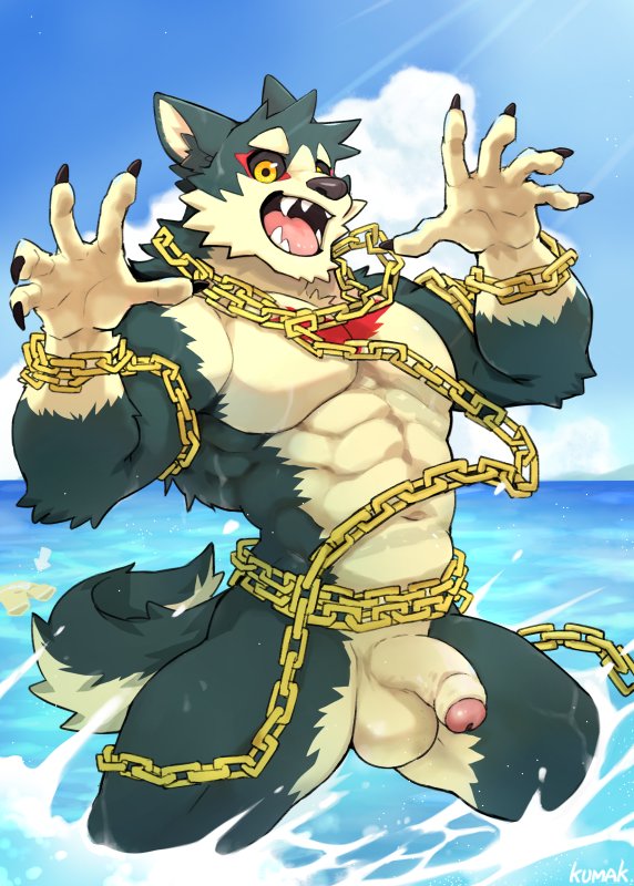 animal_genitalia anthro beach canine chains furry furry_only garmr kumak kumak71395 male male_only mammal muscular muscular_male no_humans penis pose seaside solo tokyo_afterschool_summoners uncut water