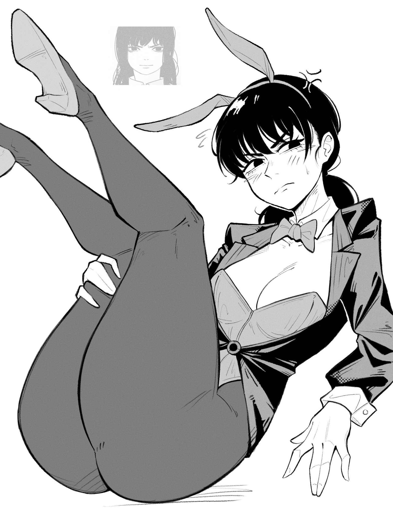 1girls, angry, ass, ass focus, big ass, big thighs, blush, blushing, bottom heavy, bowtie, breasts, bubble butt, bunny ears, bunny girl, bunnysuit, chainsaw man, cleavage, clothed, clothing, collar, csr ap07, female, female only, heels, high heels, huge ass, huge thighs, large ass, large thighs, leotard, lying, mitaka asa, monochrome, pantyhose, ponytail, small breasts, solo, solo female, solo focus, thick, thick ass, thick thighs, thighs, wide hips