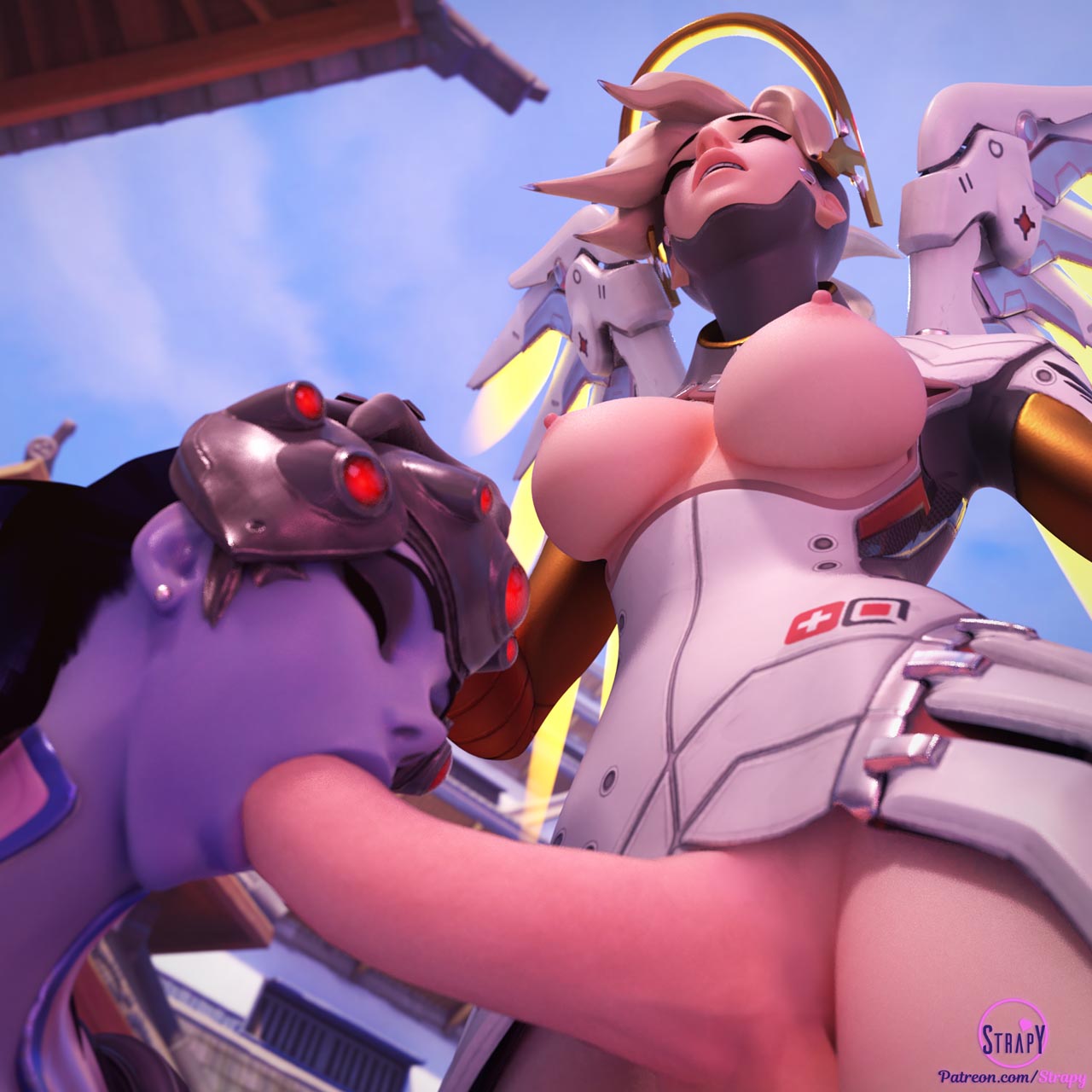 1futa, 1girls, 3d, areolae, blender, breasts, dickgirl, erection, fellatio, female, futa on female, futanari, hanamura (map), intersex, mercy, nipples, oral, overwatch, penis, strapy, widowmaker, wings